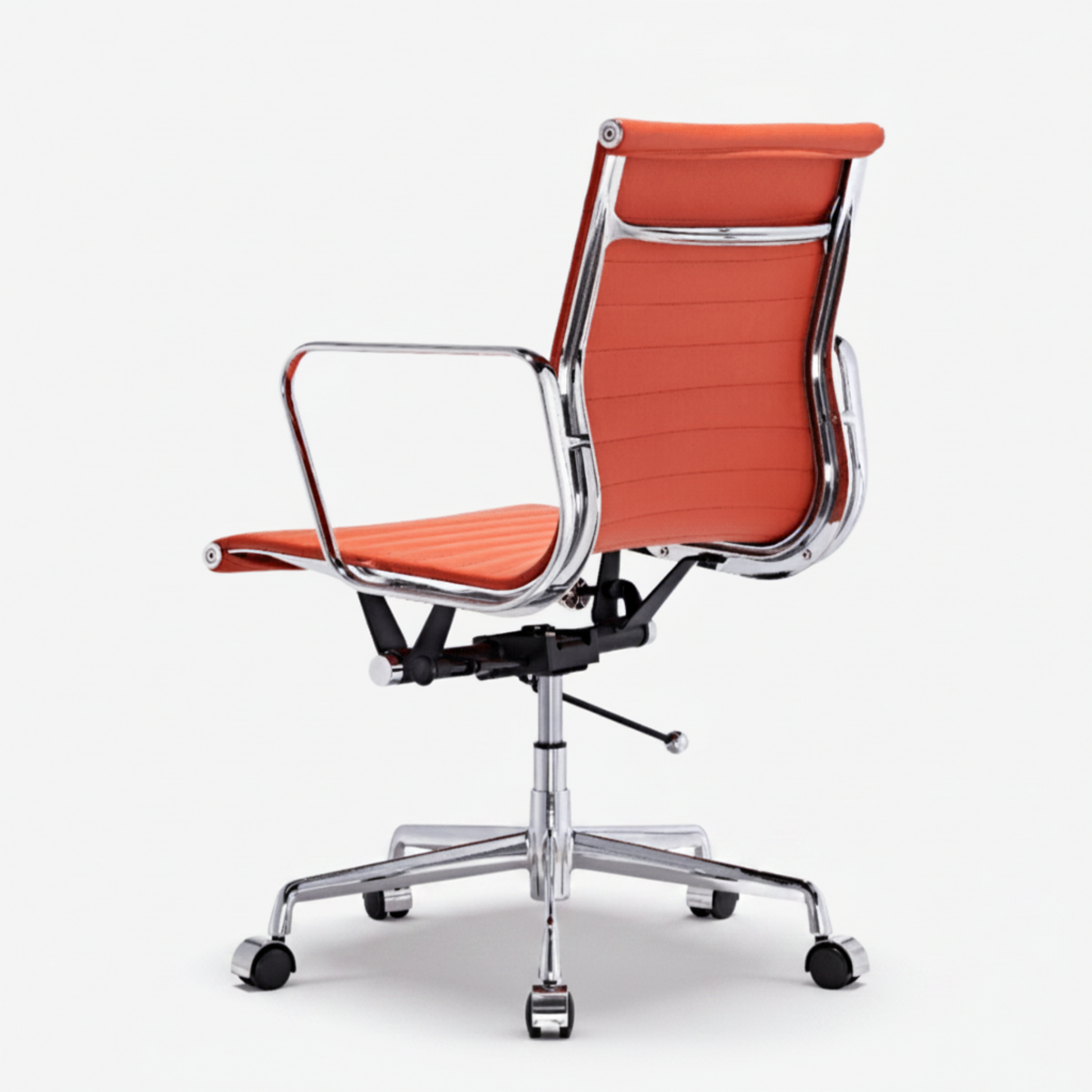 An orange mesh office chair with a chrome metal frame, armrests, and a five-star wheeled base.