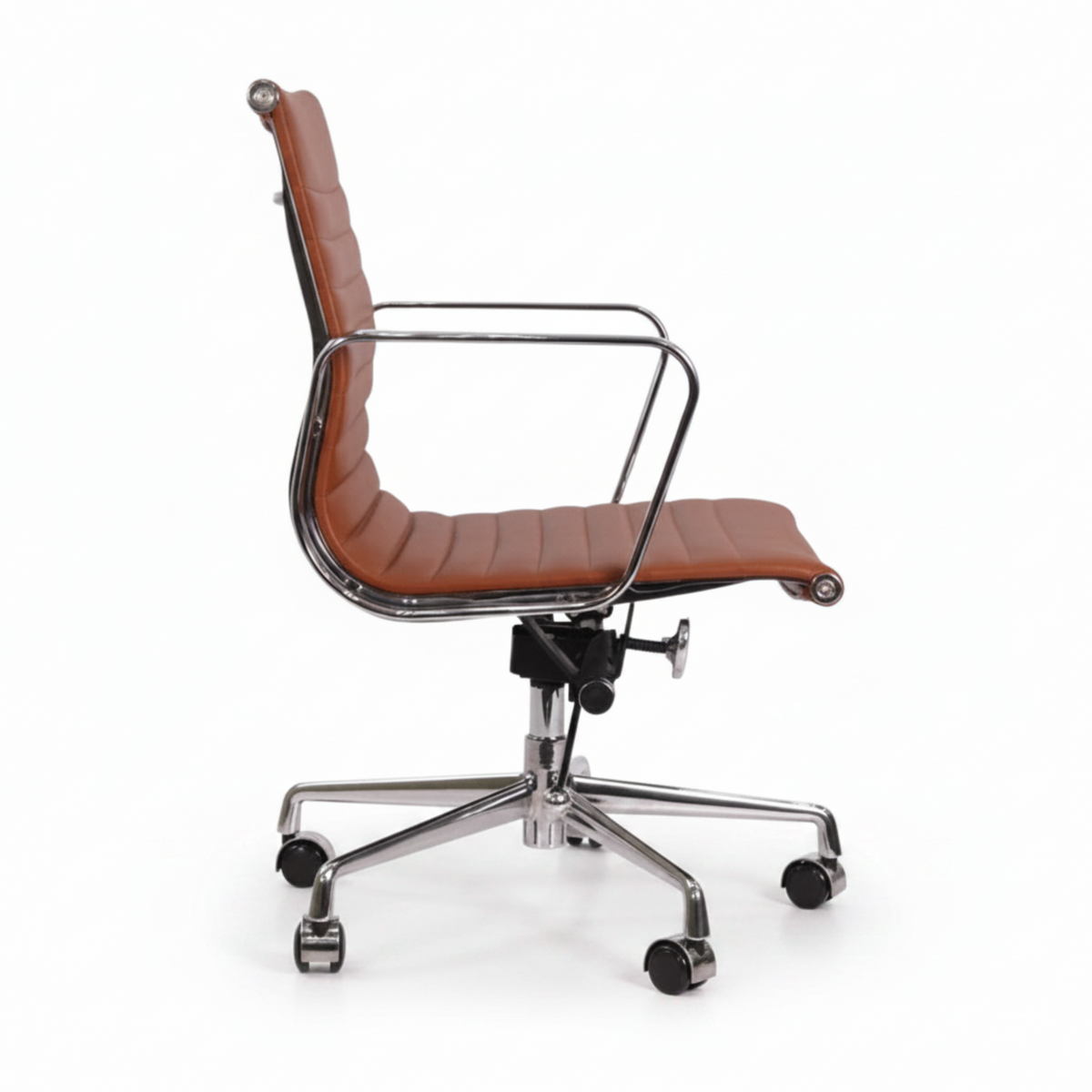 Brown faux leather office chair with a high back, chrome tubular frame, and a five-star swivel base.