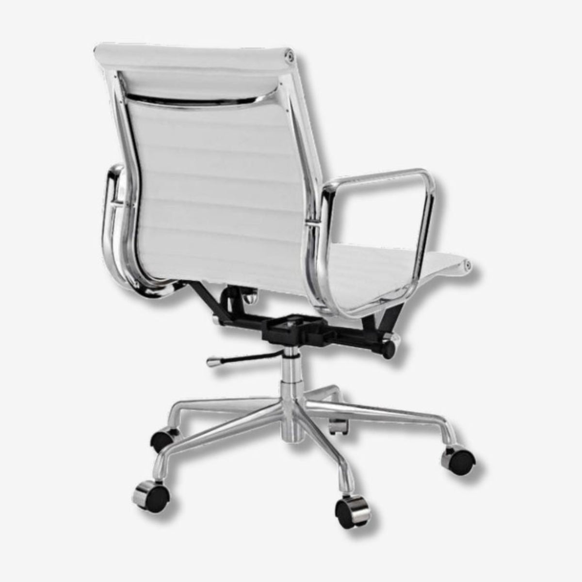 Modern office chair with white ribbed backrest and chrome frame on a white background