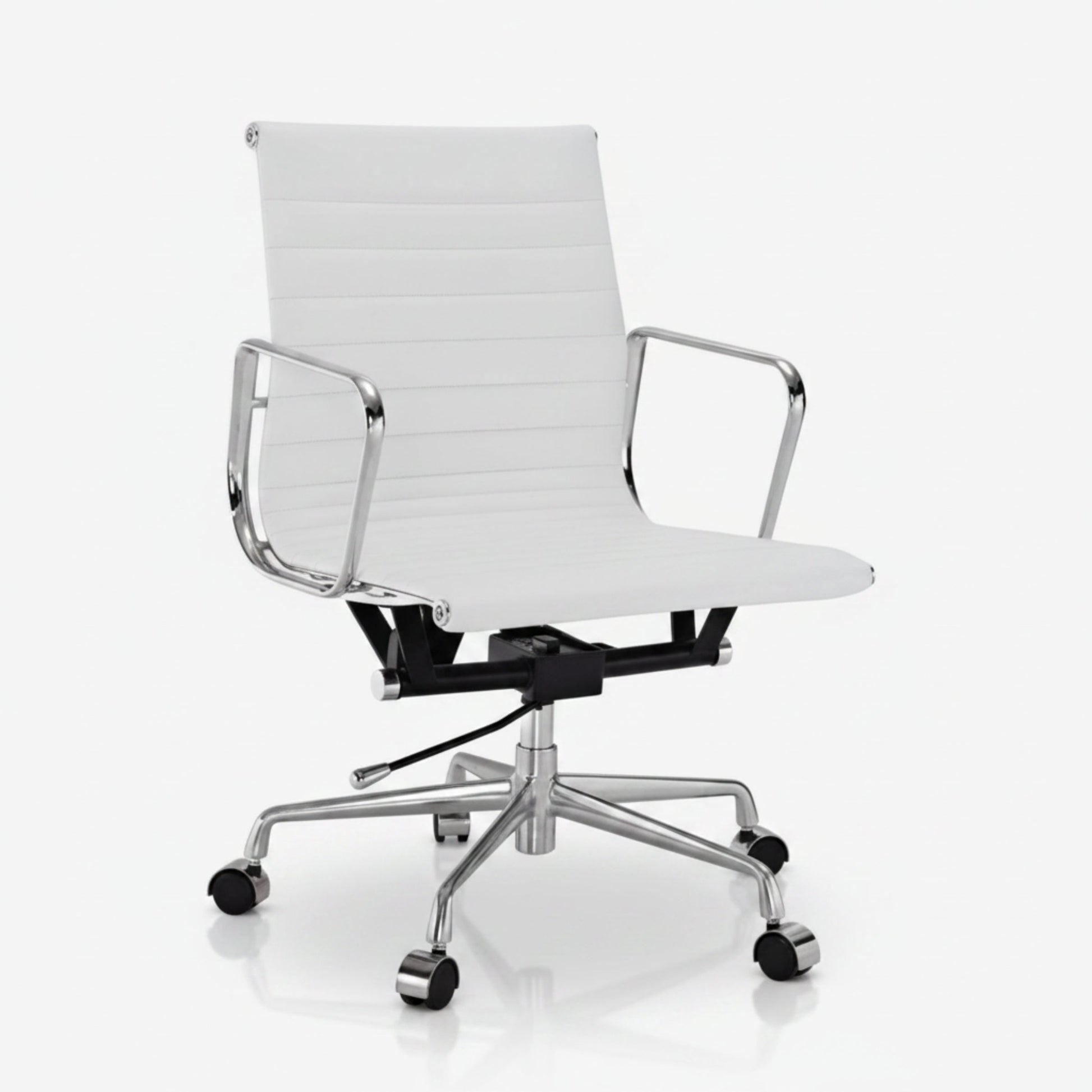 A modern white office chair with a ribbed upholstered seat and backrest, chrome metal armrests and base.