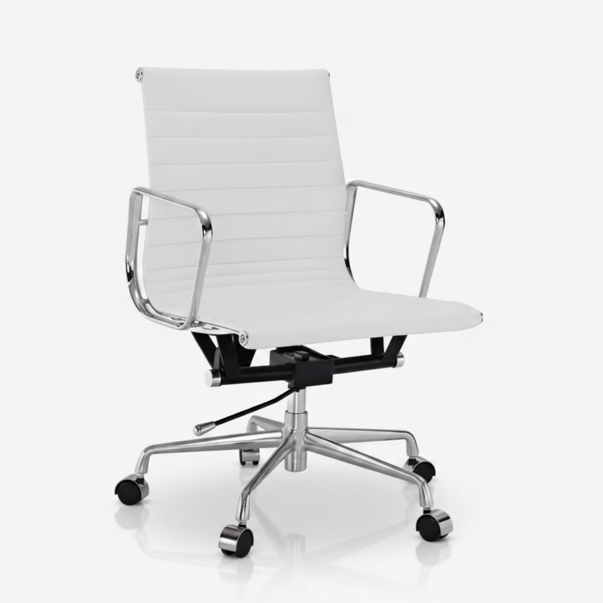 A modern white office chair with a ribbed upholstered seat and backrest, chrome metal armrests and base.
