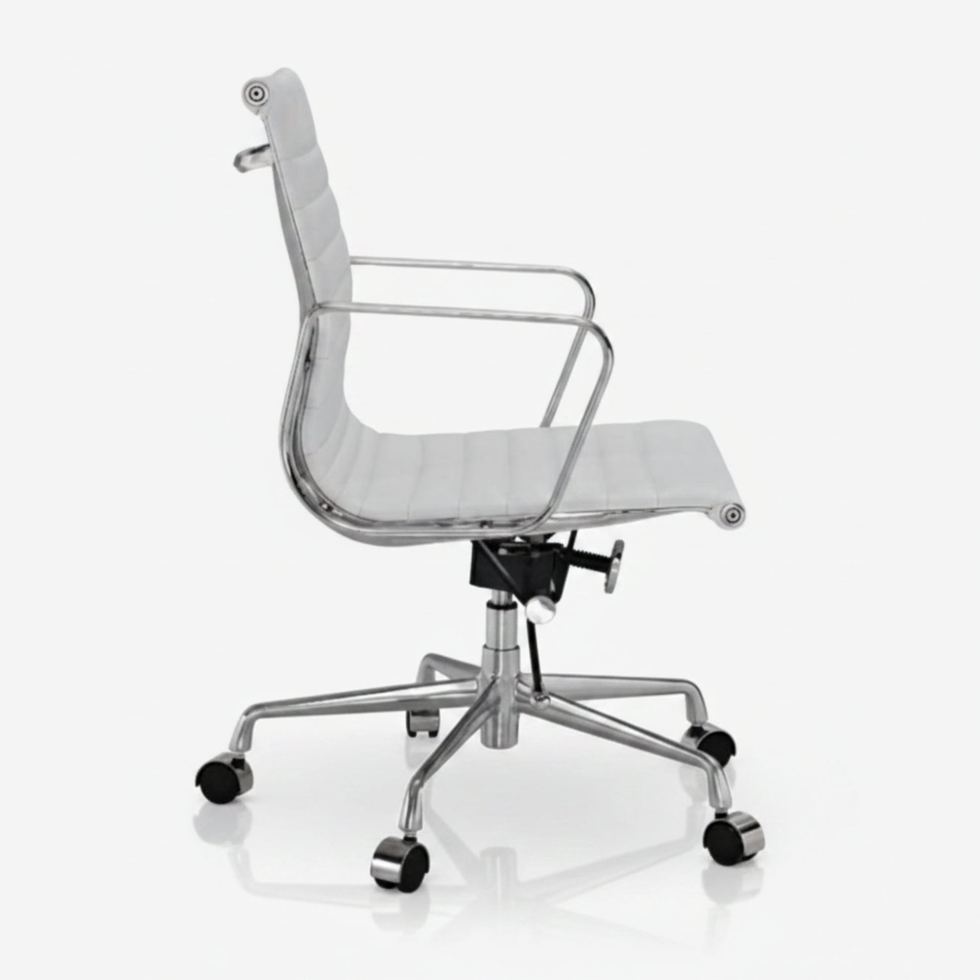 A modern office chair with a white padded seat and backrest, supported by a polished chrome base.