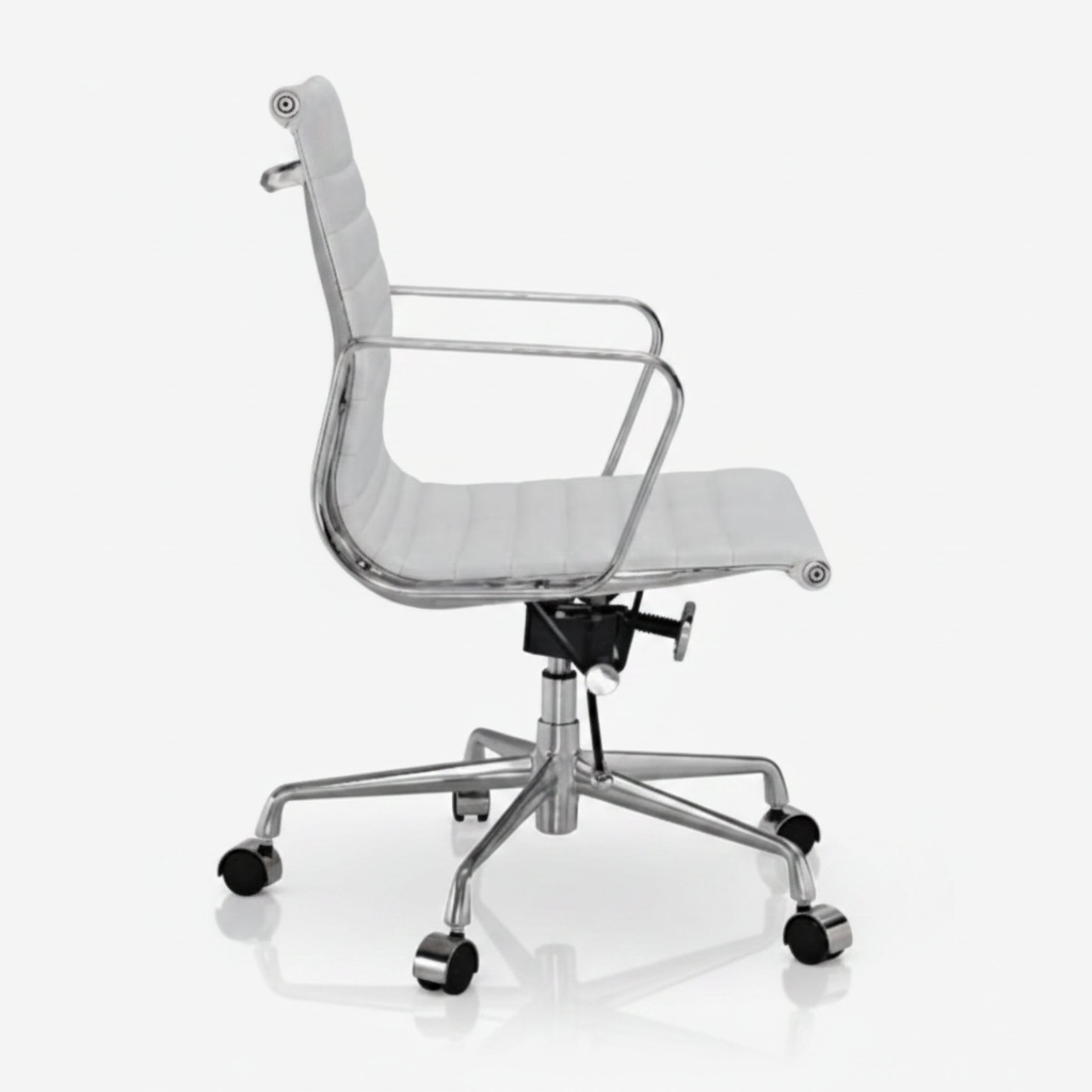 A modern office chair with a white padded seat and backrest, supported by a polished chrome base.