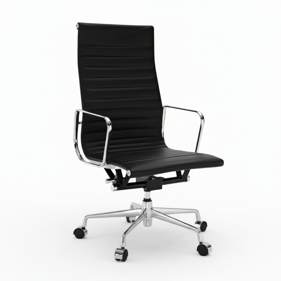 Black office chair with chrome frame on a white background eames_thin_pad_ribbed_office_chair_ea_119_high_back_black_1