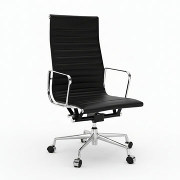 Black office chair with chrome frame on a white background eames_thin_pad_ribbed_office_chair_ea_119_high_back_black_1
