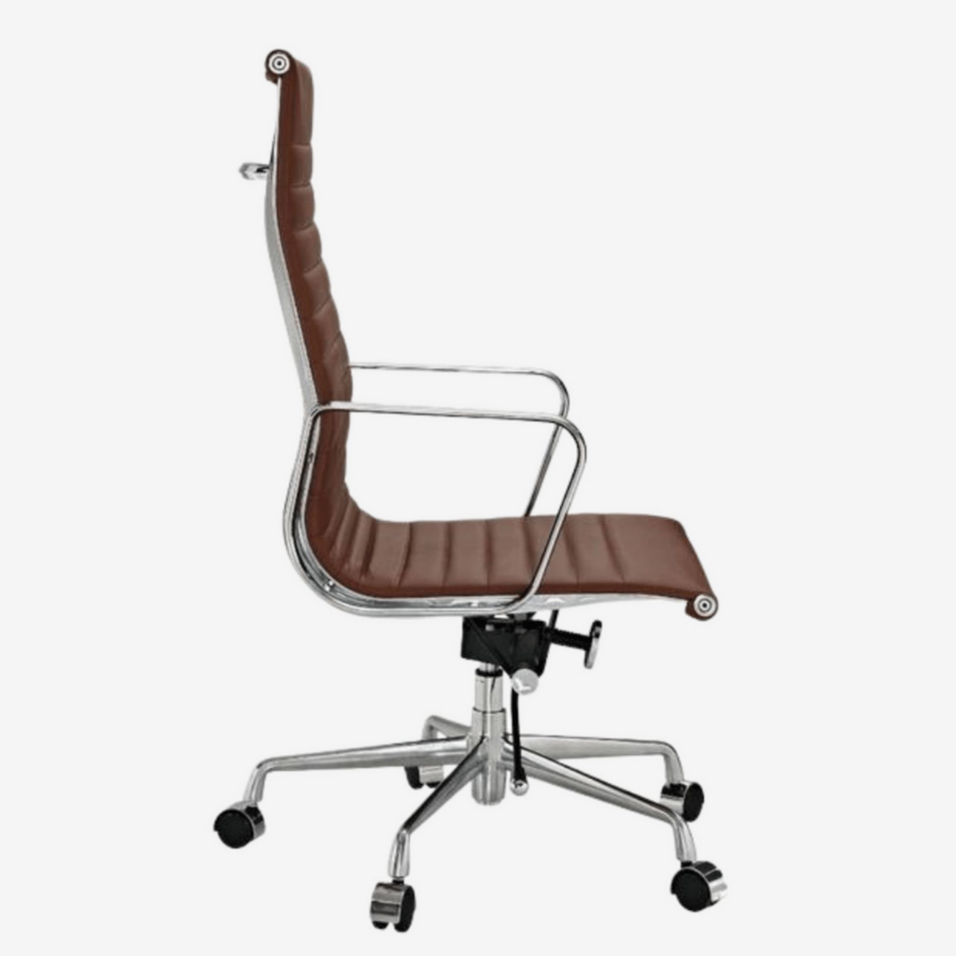 Brown office chair with chrome frame on a white background eames-thin-pad-office-chair-ea-119-ribbed-high-back-brown-1