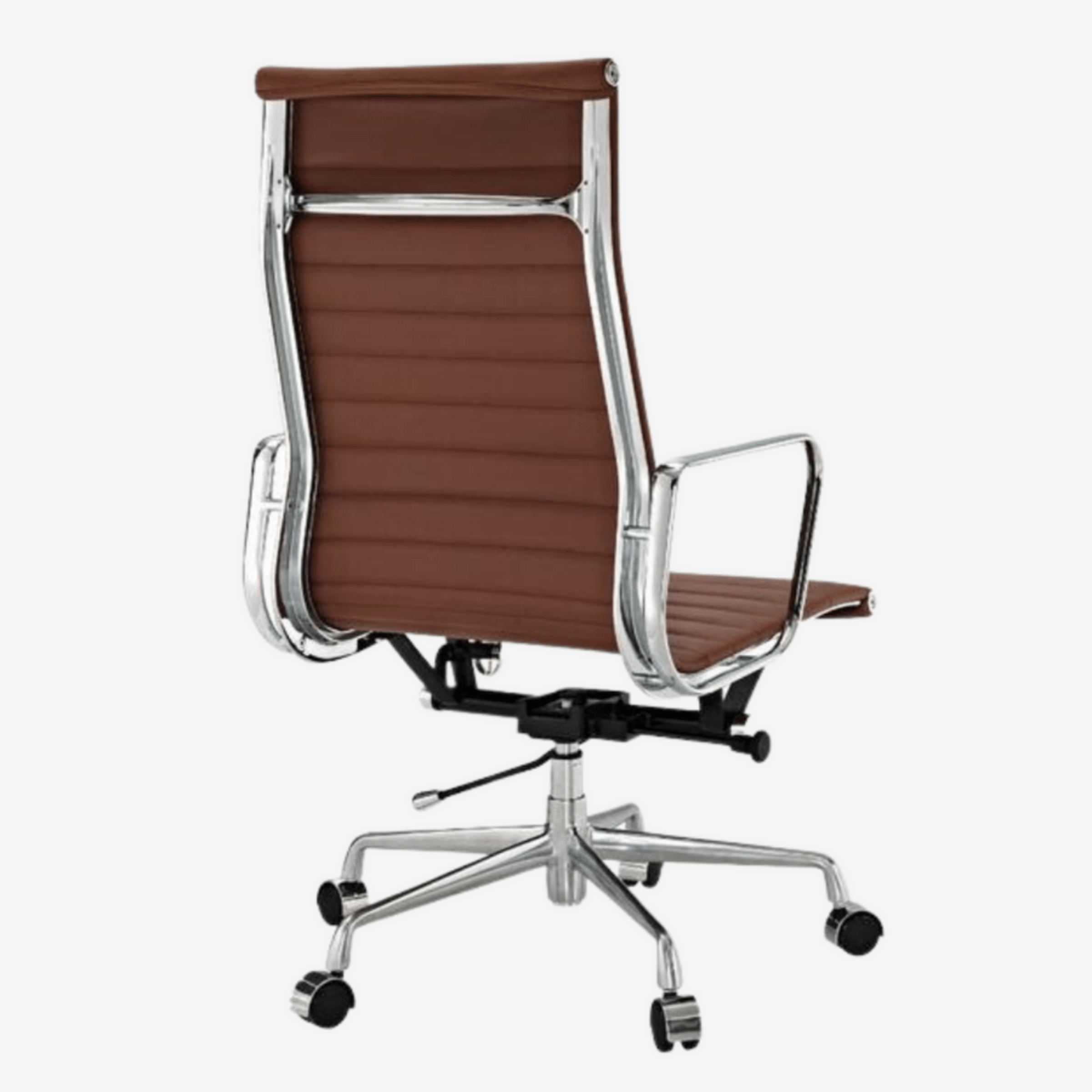 A high-back office chair with brown leatherette upholstery and a polished chrome metal frame.