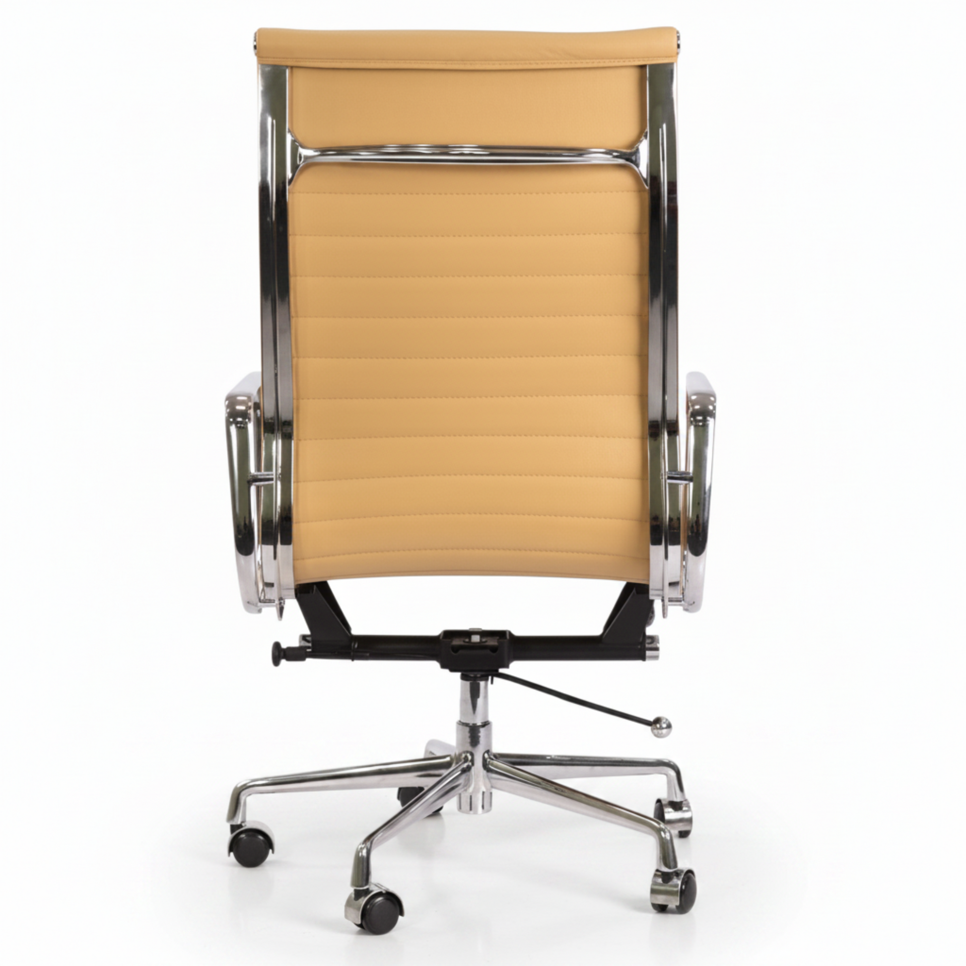 A modern office chair with a tan padded seat and backrest, supported by a polished chrome base with casters.