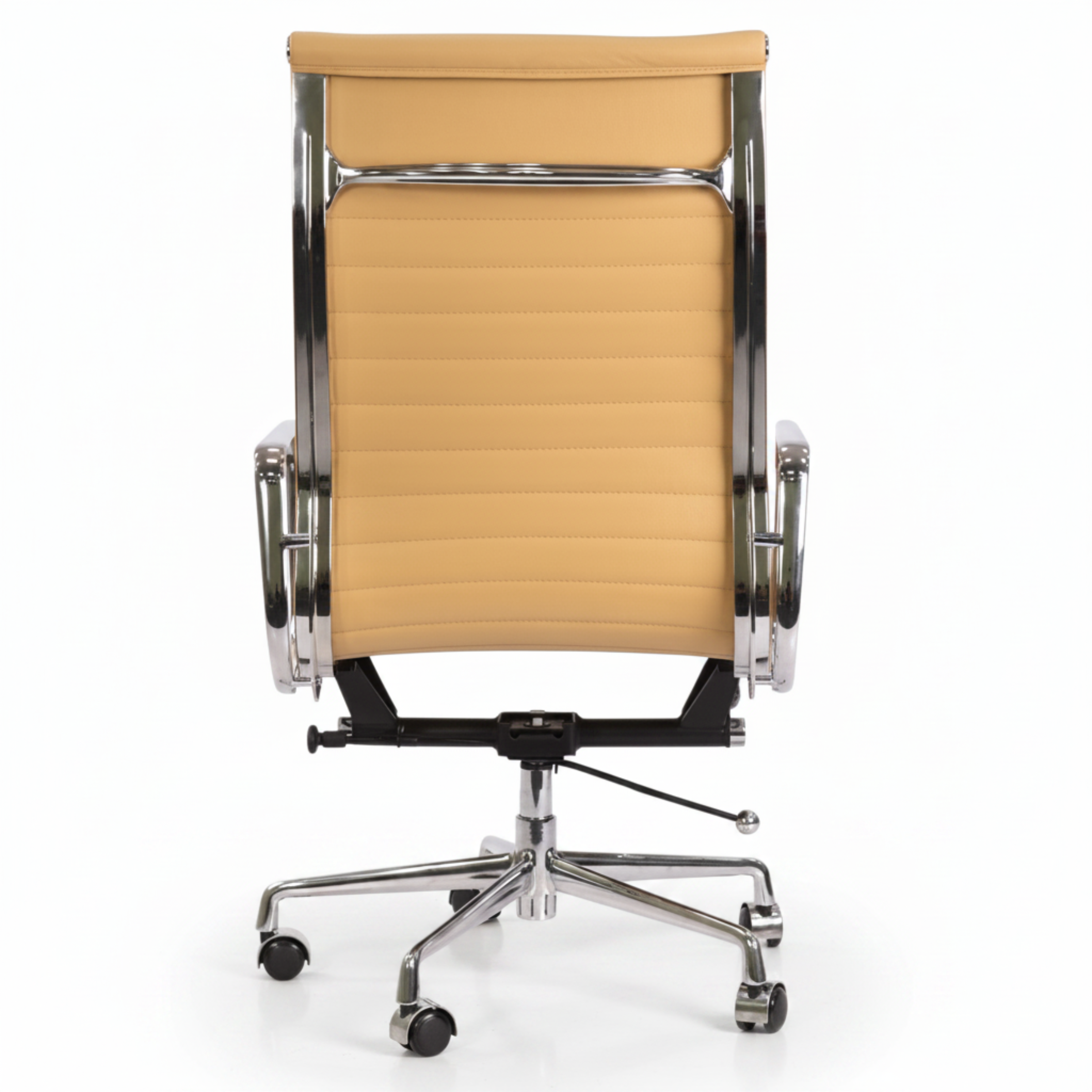 A modern office chair with a tan padded seat and backrest, supported by a polished chrome base with casters.