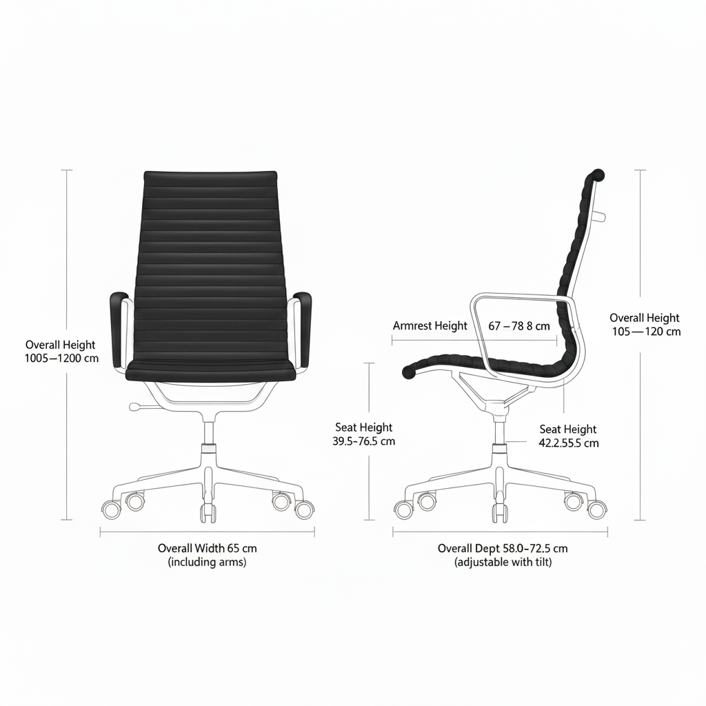 Eames EA 119 Thin Pad Office Chair dimensions diagram - Width 65cm, Depth 60-75cm, Height 105-120cm, Seat Height 42-55cm