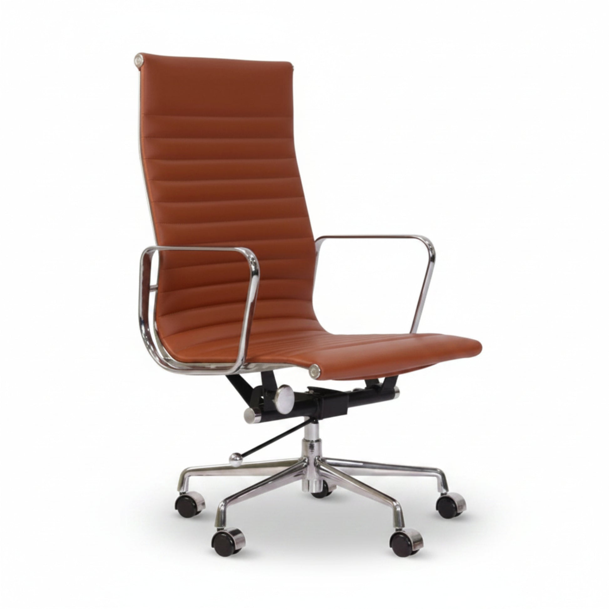 Eames Elegant Thin Pad Office Chair EA 119 - Ripped High Back, Tan Brown Leather - Aura Furnitures