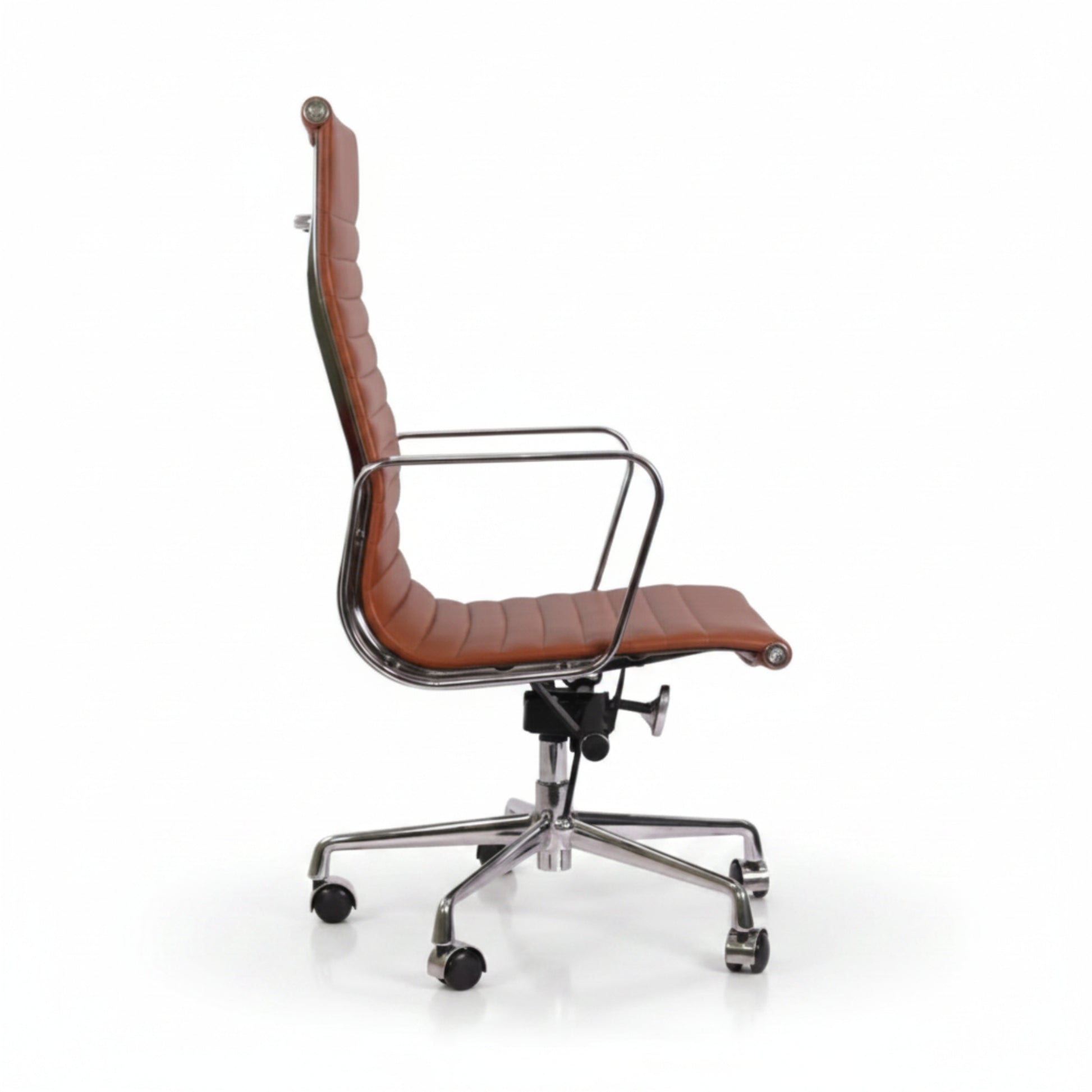 A modern high-back office chair with brown leather upholstery and a polished chrome metal frame.