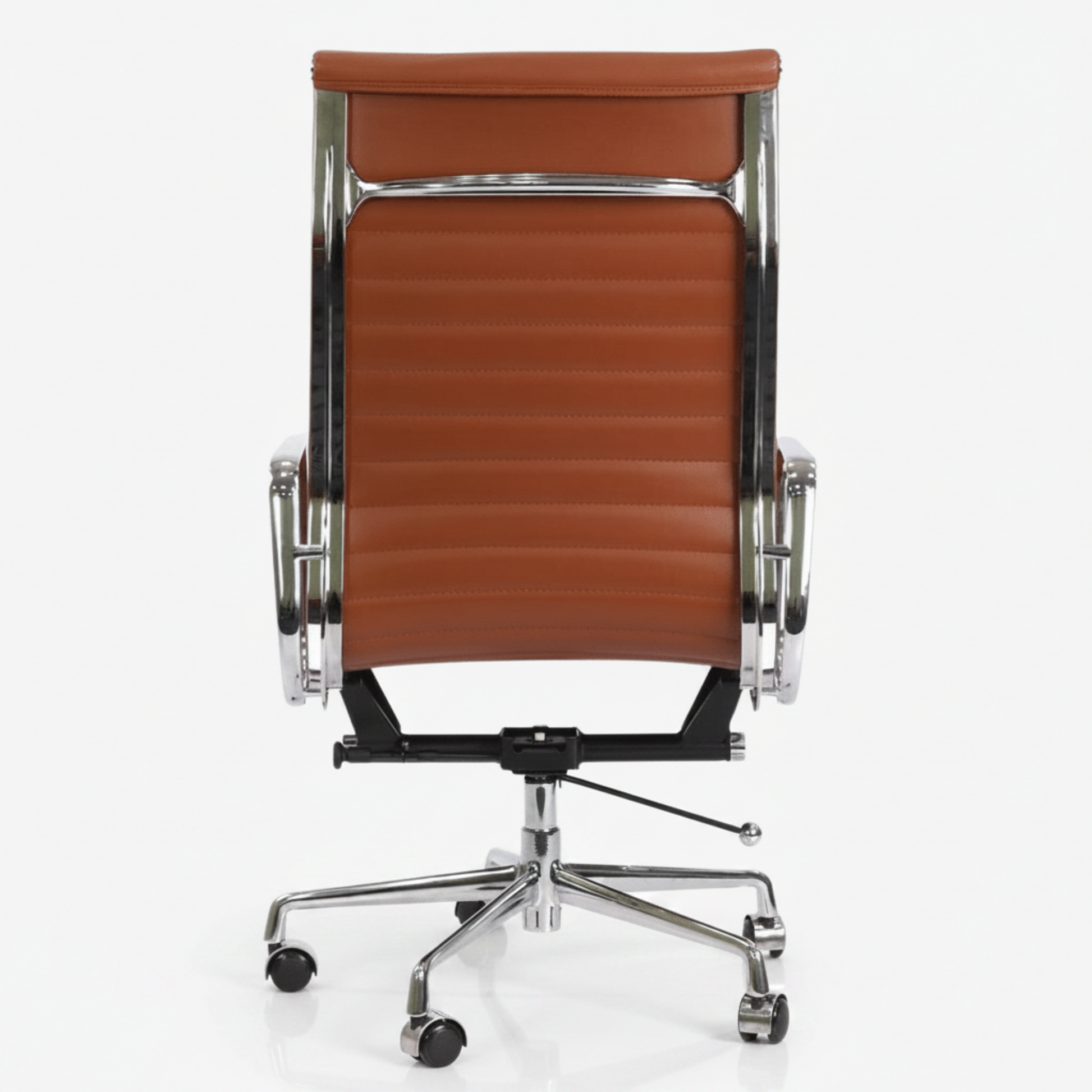 A modern office chair with a brown ribbed leather or faux-leather seat and backrest, supported by a polished chrome metal frame.