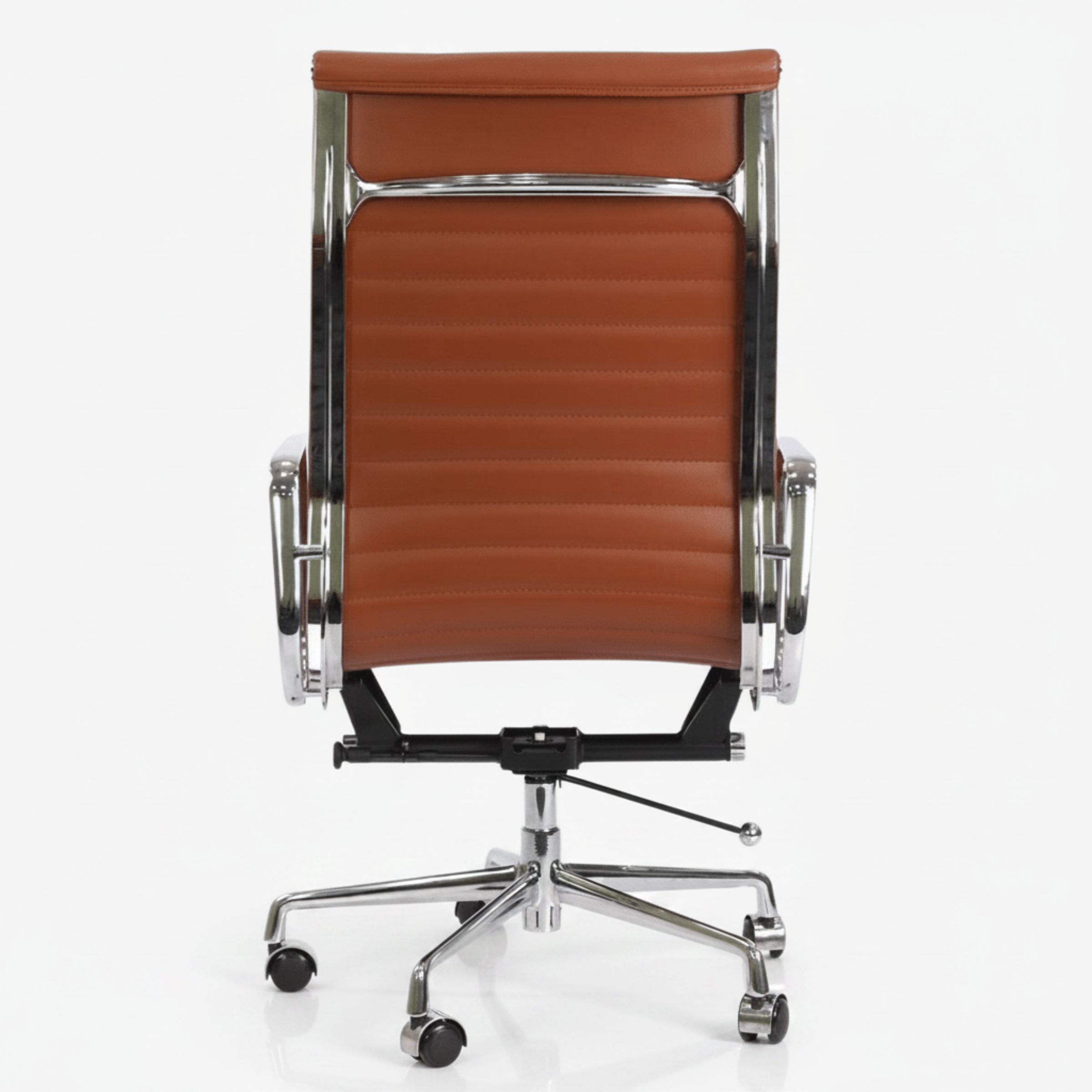 A modern office chair with a brown ribbed leather or faux-leather seat and backrest, supported by a polished chrome metal frame.