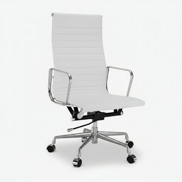 Eames Elegant Thin Pad Office Chair EA 119 - Ripped High Back, White Leather - Aura Furnitures