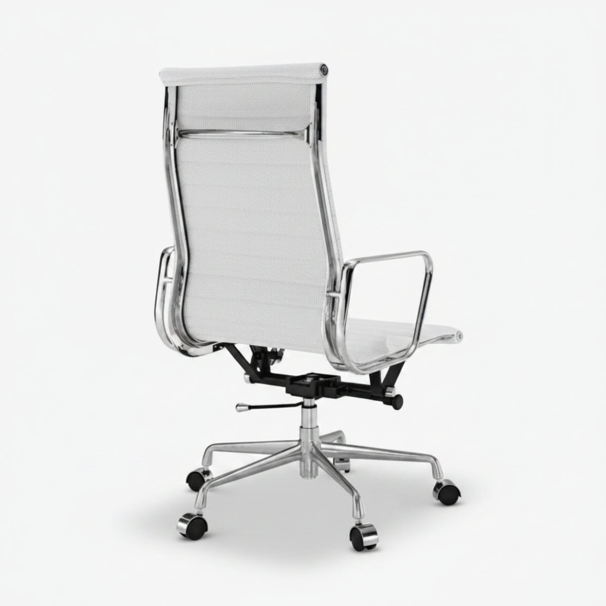 A modern high-back office chair with a white mesh backrest, white padded seat, and polished chrome metal frame.