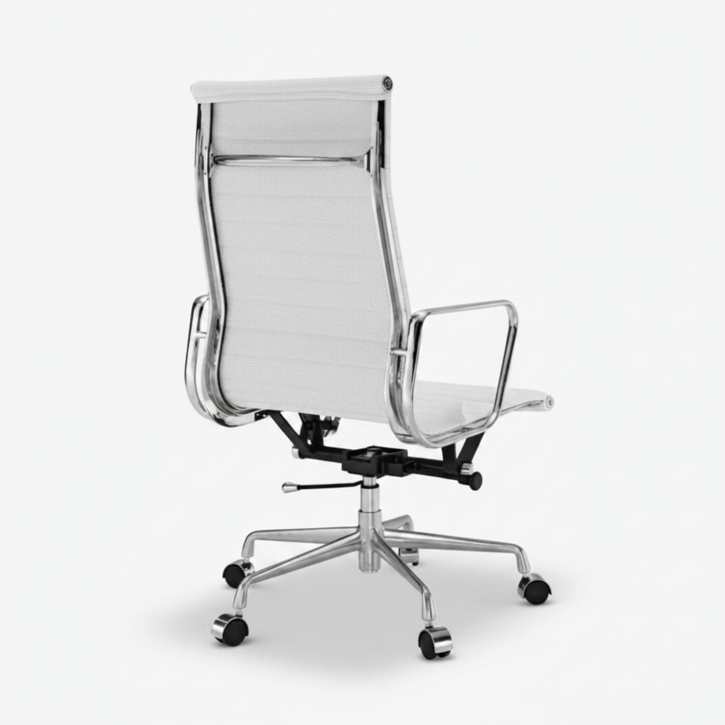 A modern high-back office chair with a white mesh backrest, white padded seat, and polished chrome metal frame.