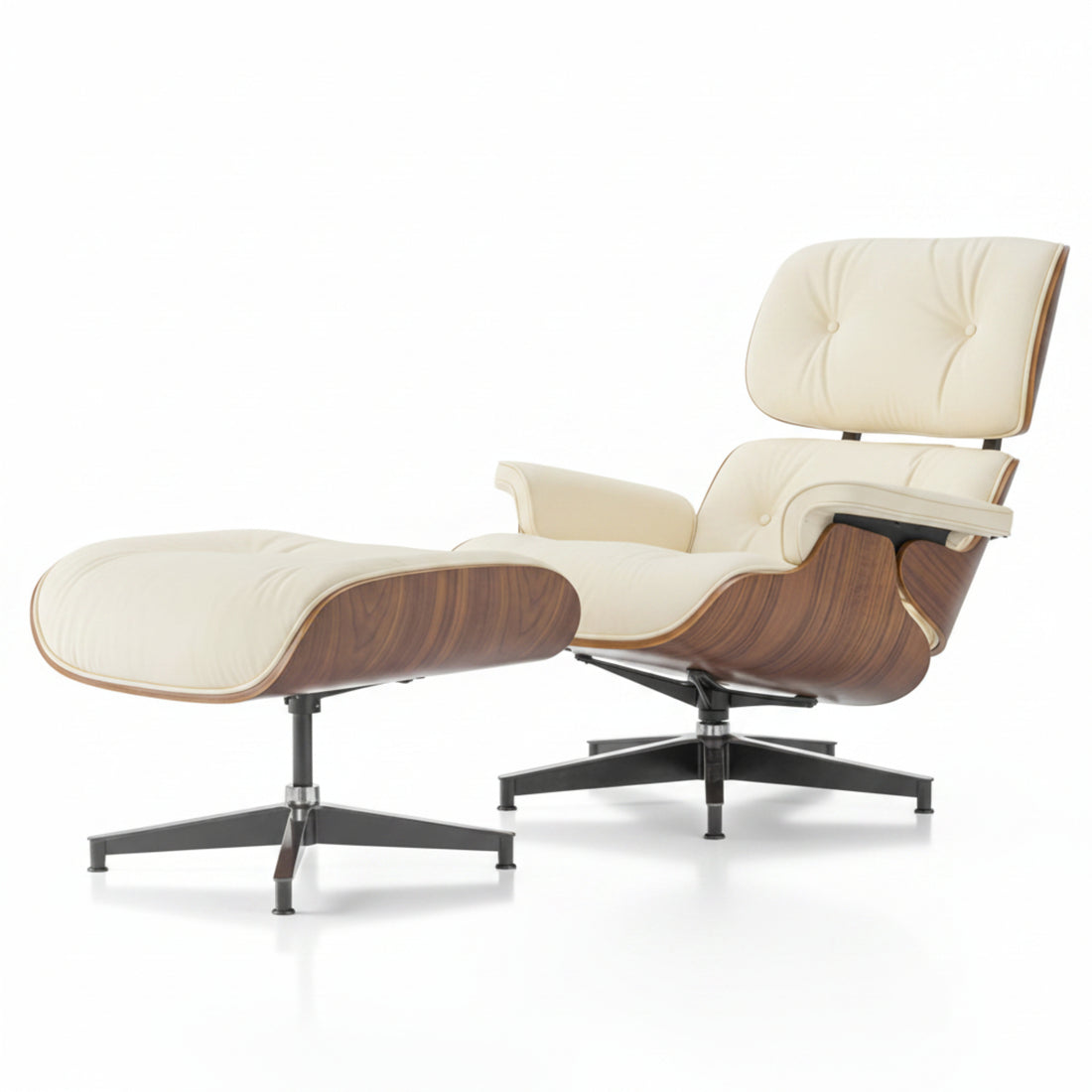 Charles Eames Style XL Version Lounge Chair & Ottoman - Walnut Wood & Ivory White - Aura Furnitures