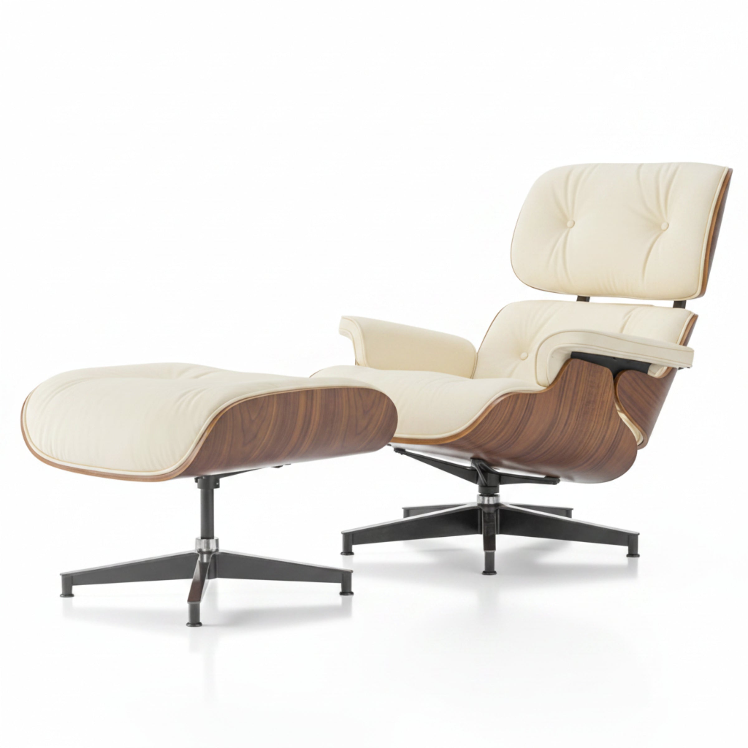 Charles Eames Style XL Version Lounge Chair & Ottoman - Walnut Wood & Ivory White - Aura Furnitures