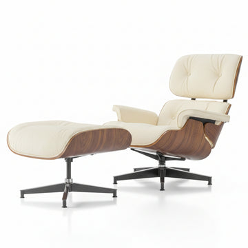 Charles Eames Style XL Version Lounge Chair & Ottoman - Walnut Wood & Ivory White - Aura Furnitures