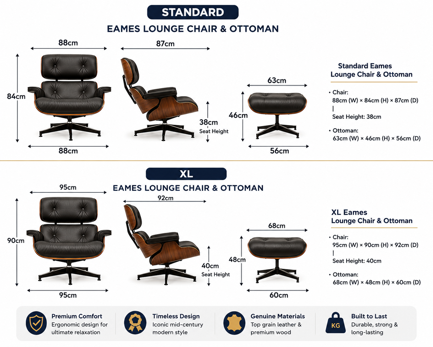 Dimensions of the Charles Eames Inspires Lounge Chair and Ottoman between standard and XL versions difference