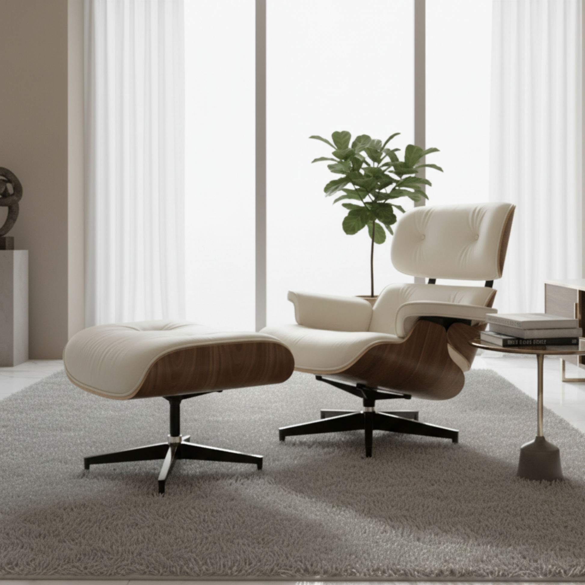 Charles Eames Style XL Version Lounge Chair & Ottoman - Walnut Wood & Ivory White - Aura Furnitures