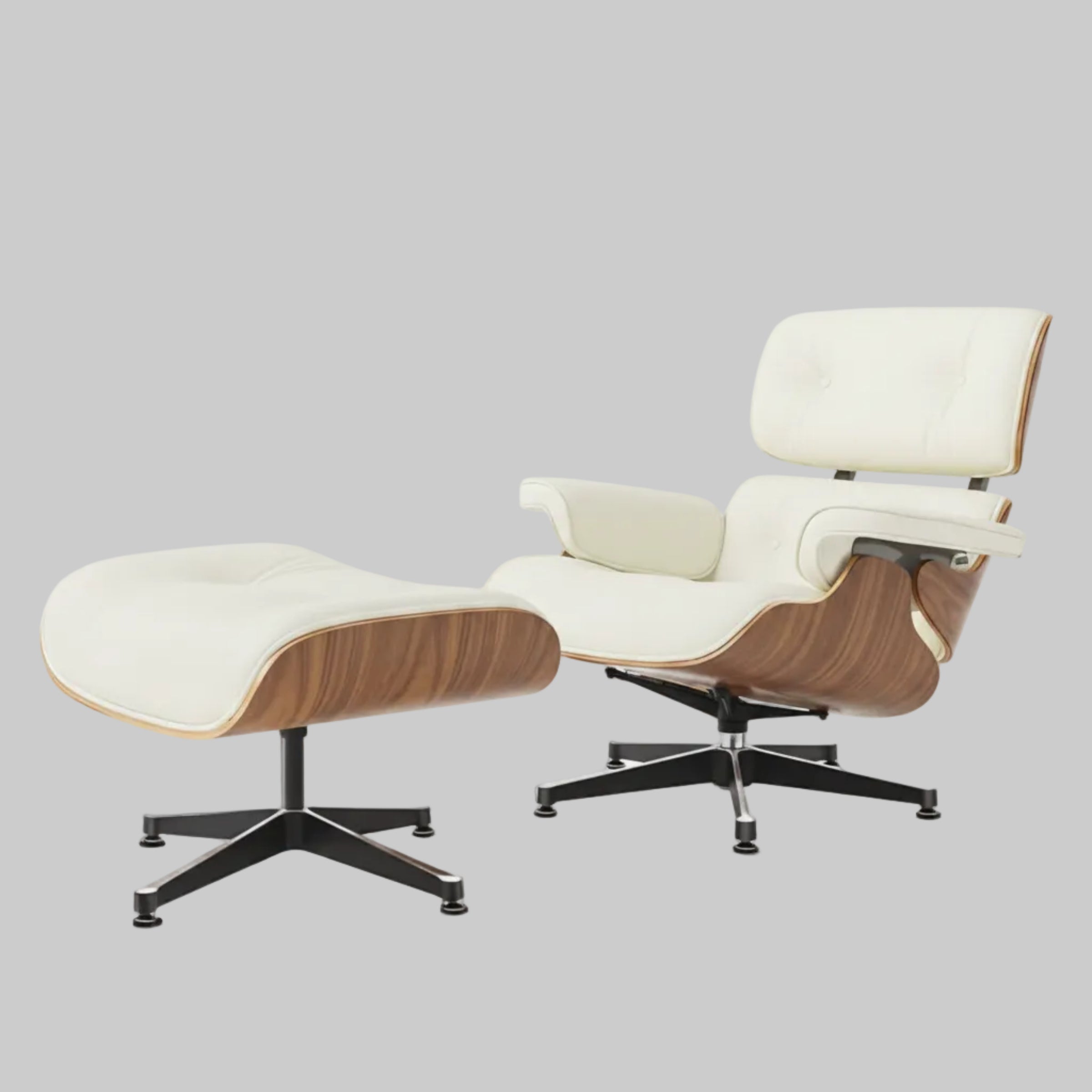 Charles Eames Style XL Version Lounge Chair & Ottoman - Walnut Wood & Ivory White - Aura Furnitures