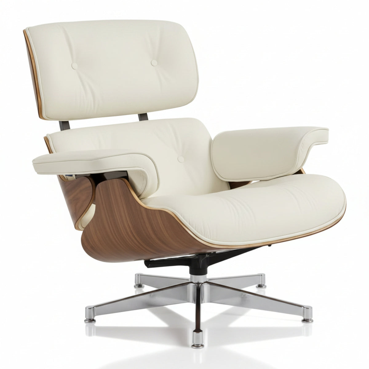 Charles Eames Style XL Version Lounge Chair & Ottoman - Walnut Wood & Ivory White - Aura Furnitures