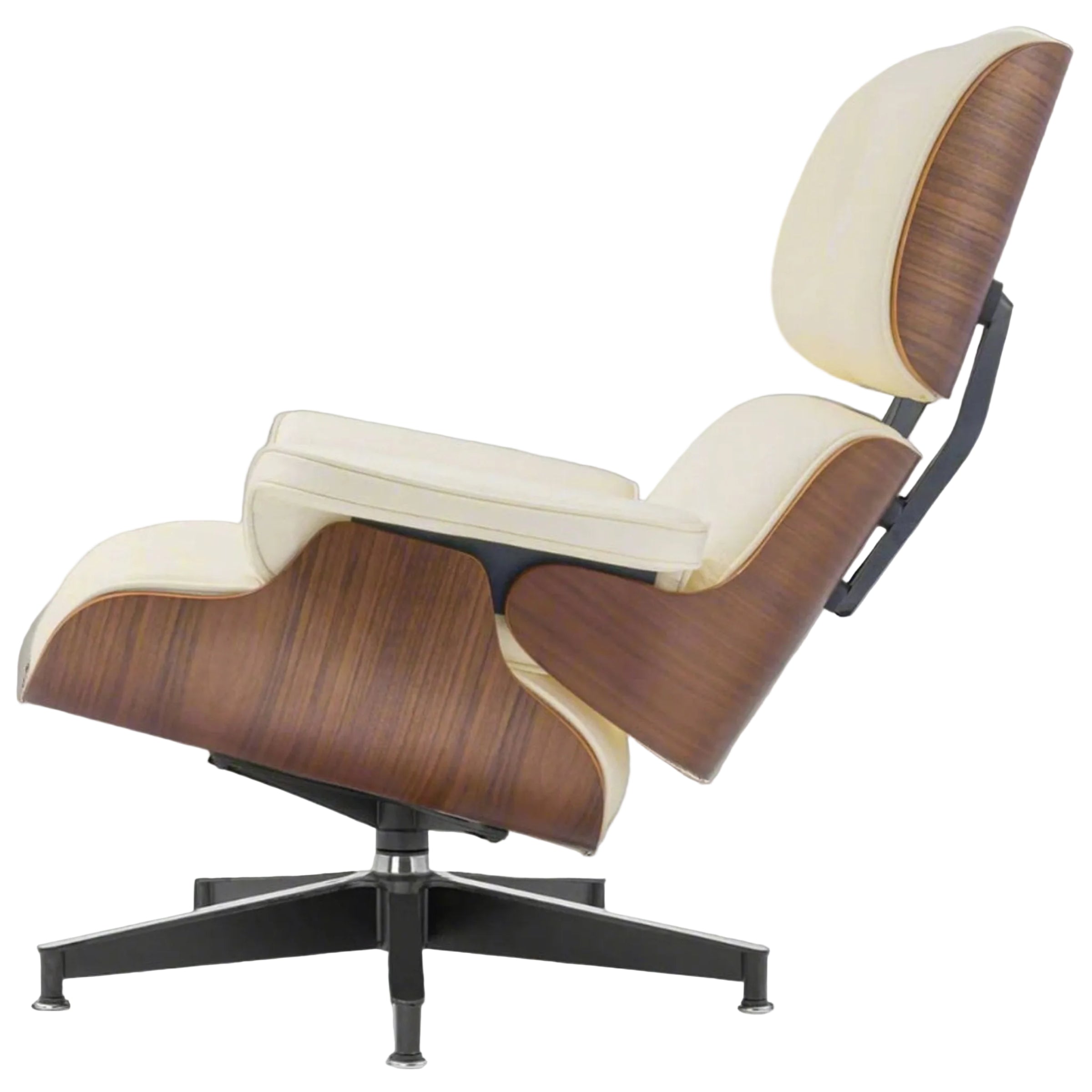 Charles Eames Style XL Version Lounge Chair & Ottoman - Walnut Wood & Ivory White - Aura Furnitures