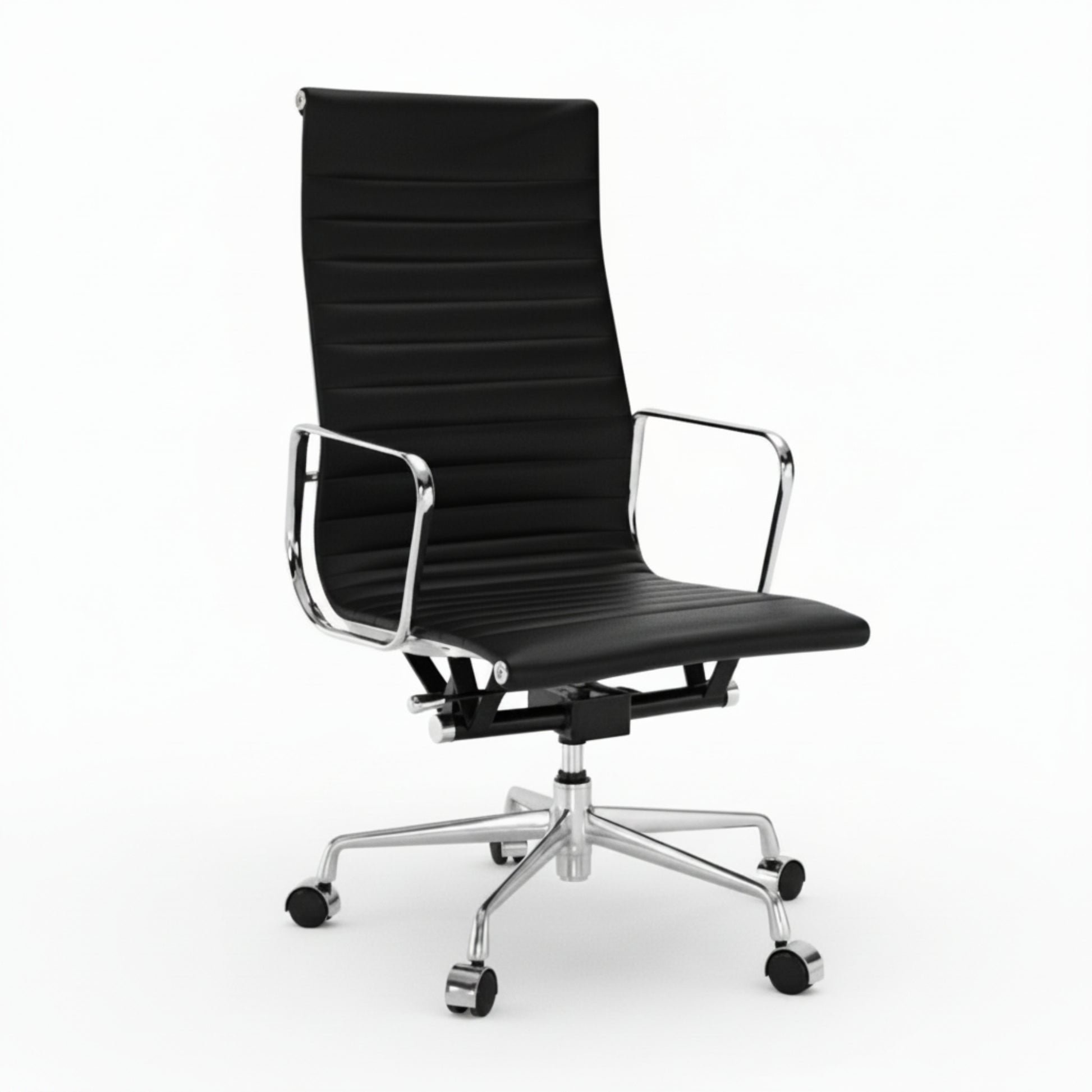 Black office chair with chrome frame on a white background eames_thin_pad_ribbed_office_chair_ea_119_high_back_black_1