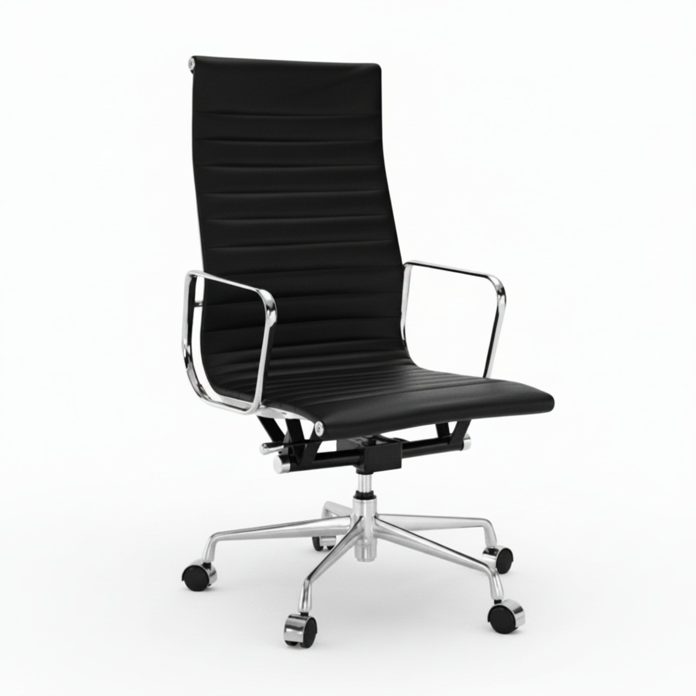 Black office chair with chrome frame on a white background eames_thin_pad_ribbed_office_chair_ea_119_high_back_black_1