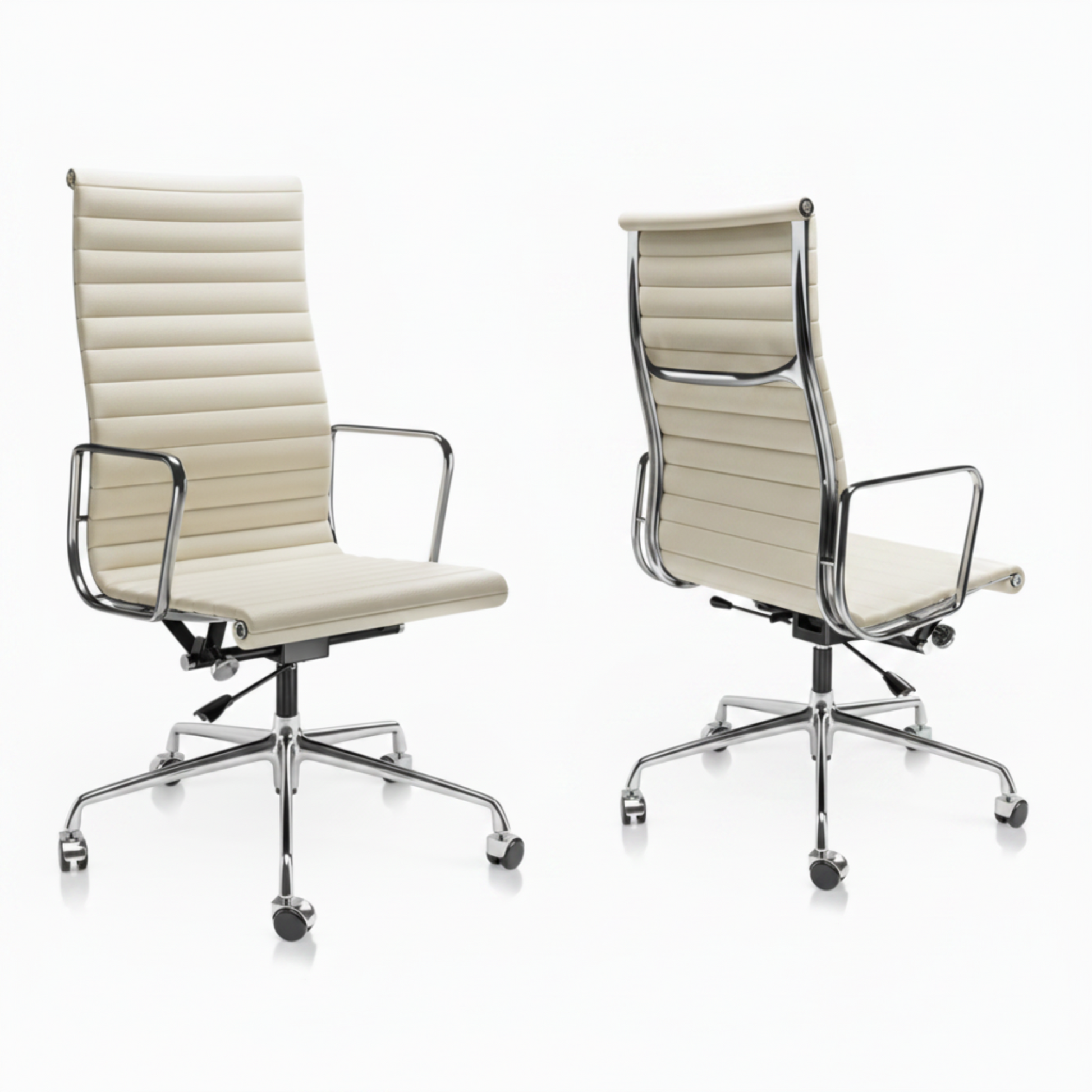 Two views of an office chair with a cream-colored ribbed italian leather seat and backrest