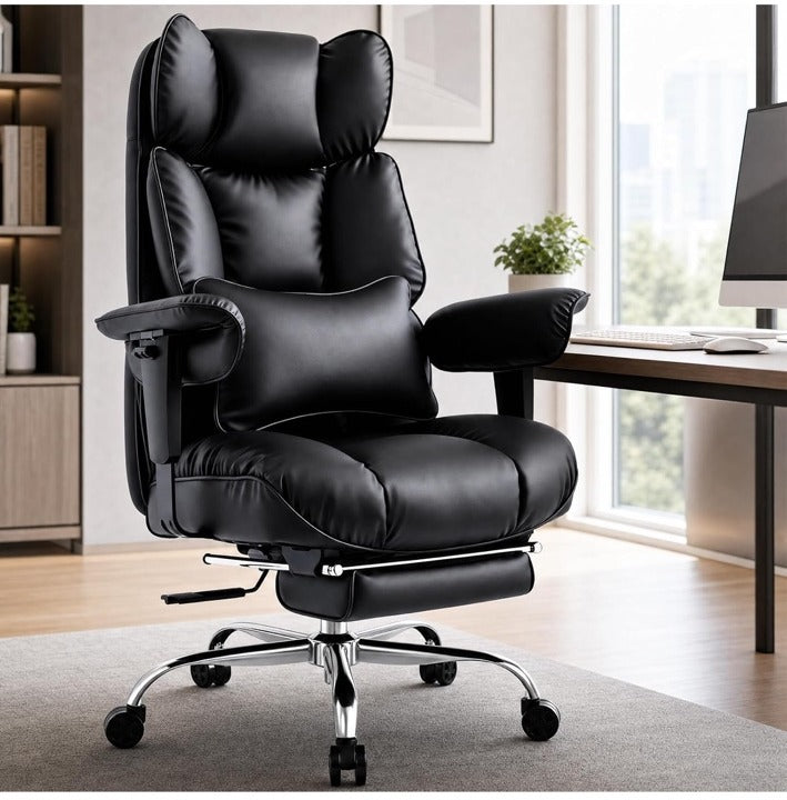 Black high-back executive office chair with footrest