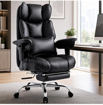 Black high-back executive office chair with footrest