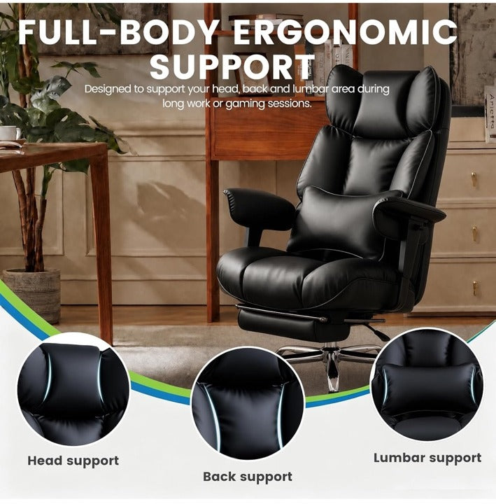 Black high-back executive office chair with footrest