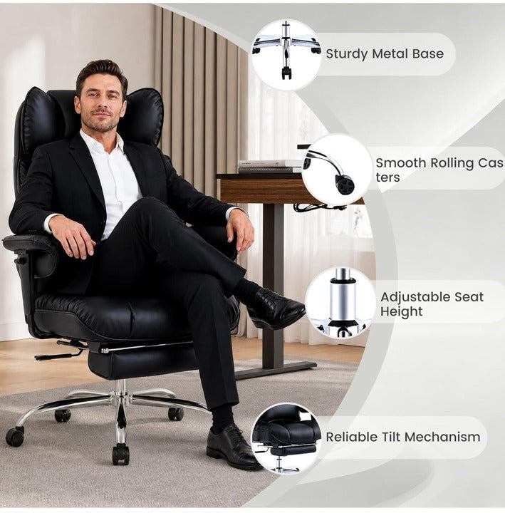 Executive chair with metal base, rolling castors and adjustable seat