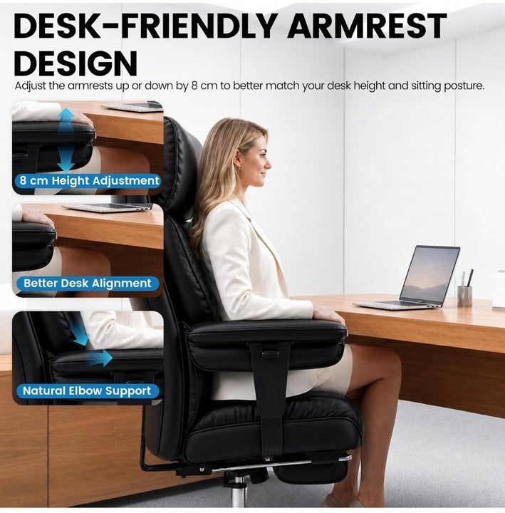 Black executive chair with adjustable padded armrests