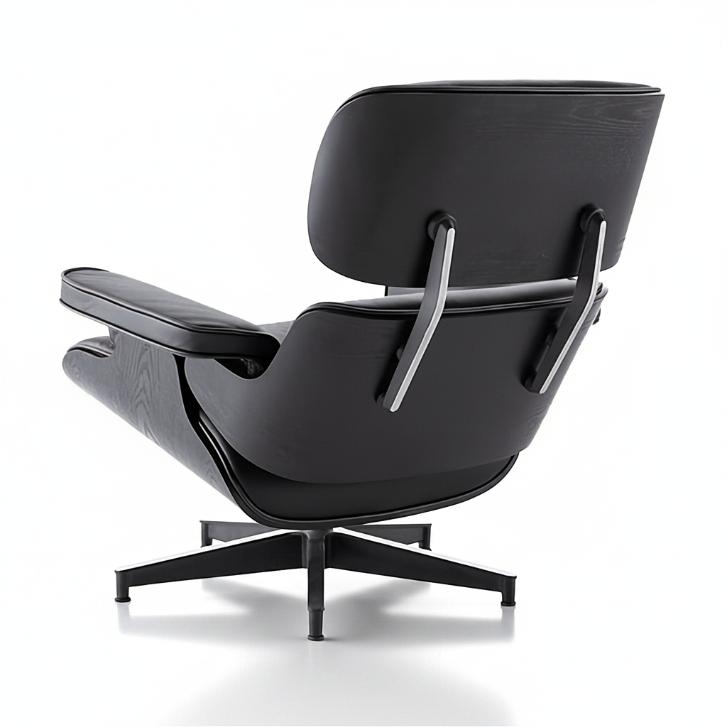 All black Eames inspired lounge chair product image on white background