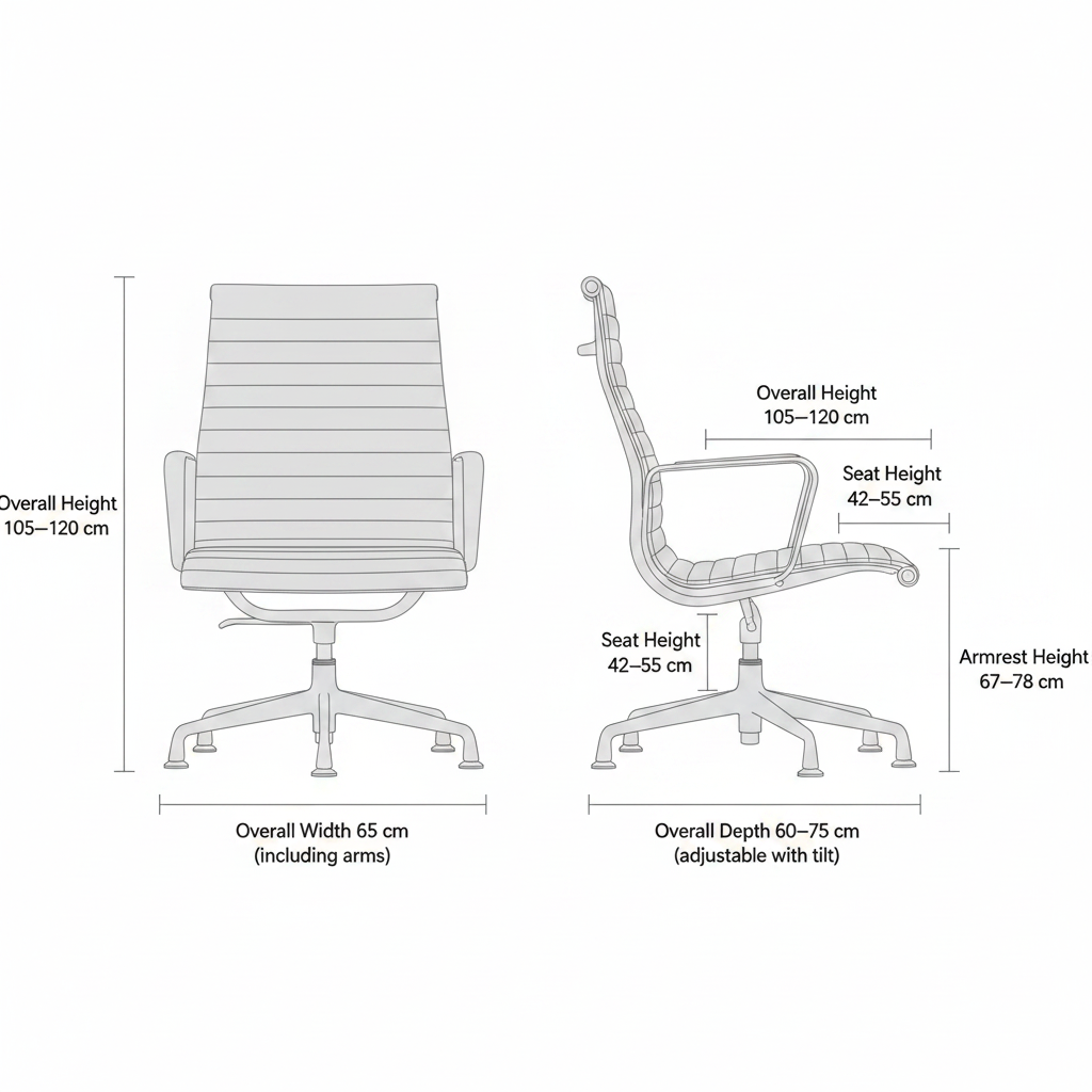 Eames EA 119 Thin Pad Office Chair dimensions diagram - Width 65cm, Depth 60-75cm, Height 105-120cm, Seat Height 42-55cm, Armrest Height 67-78cm