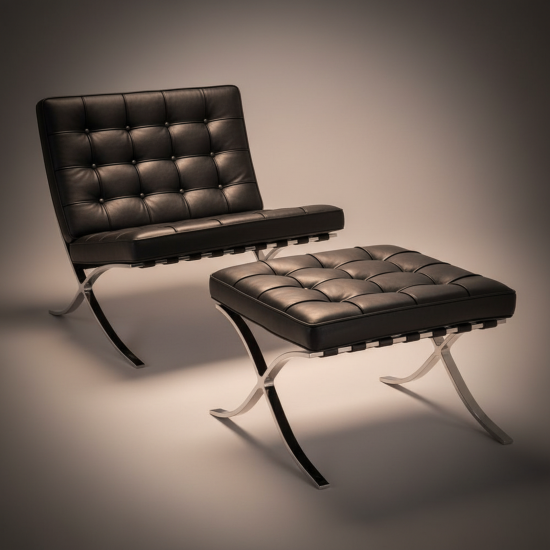 Mies Barcelona Pavilion Chair with Footrest | Black - Aura Furnitures