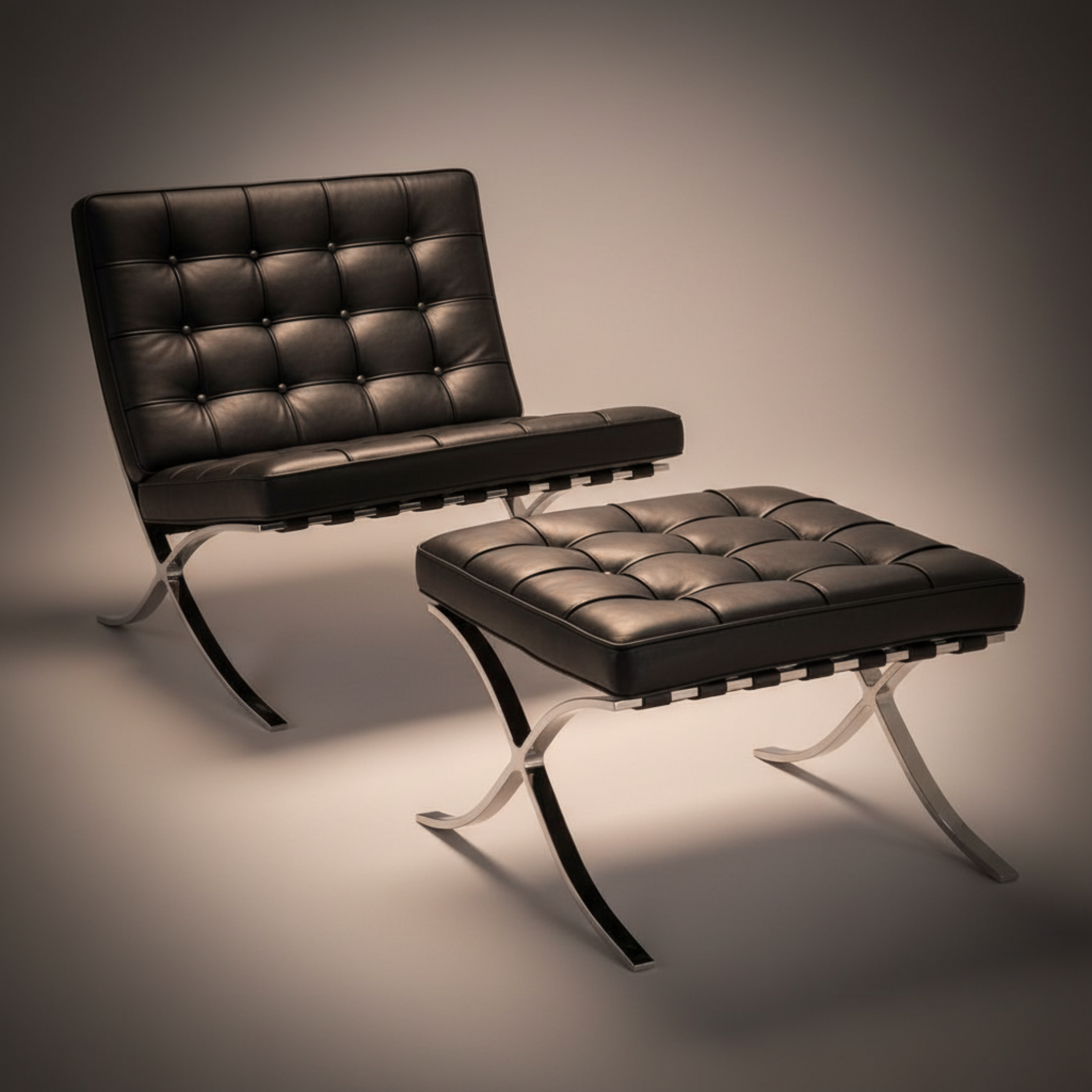 Mies Barcelona Pavilion Chair with Footrest | Black - Aura Furnitures