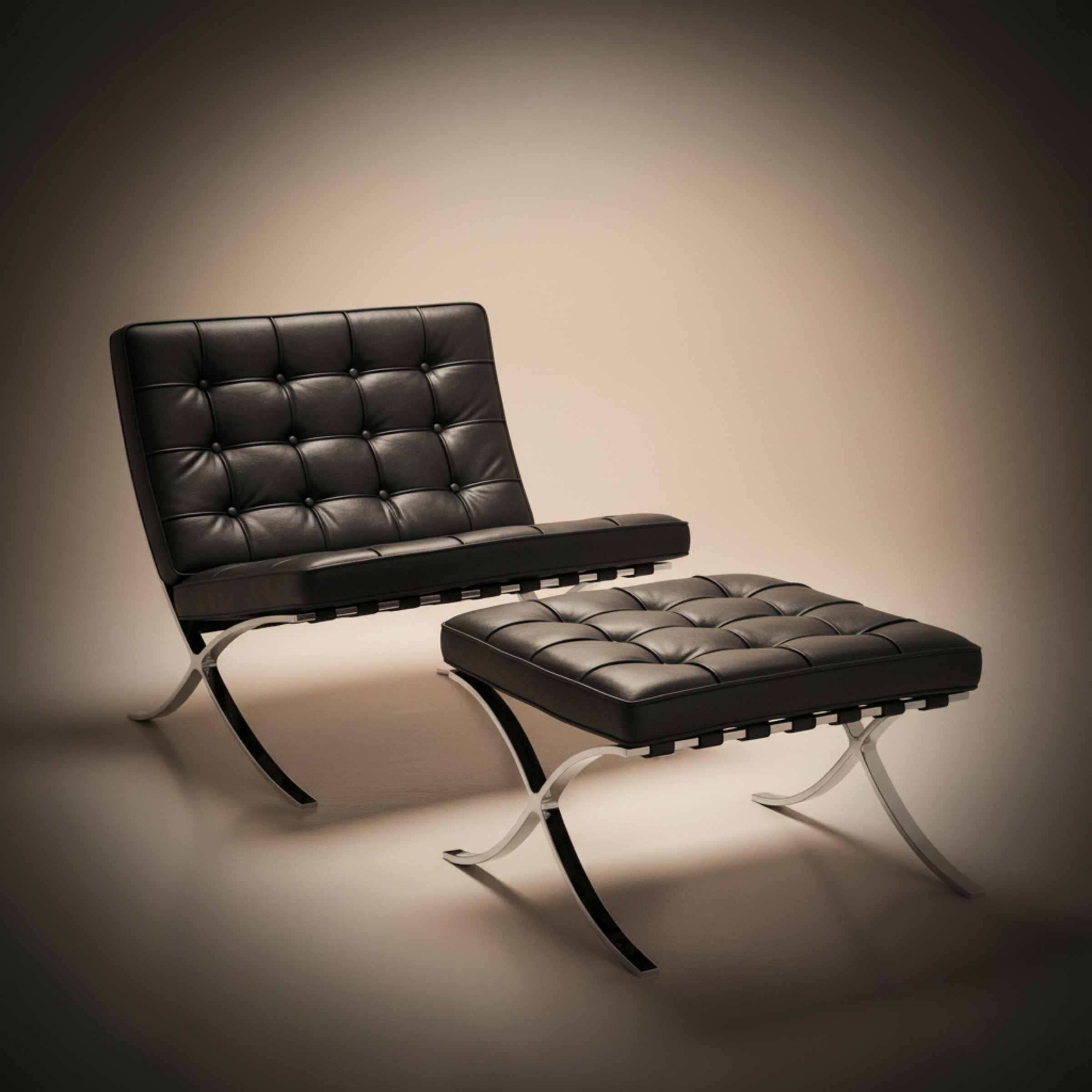 Mies Barcelona Pavilion Chair with Footrest | Black - Aura Furnitures