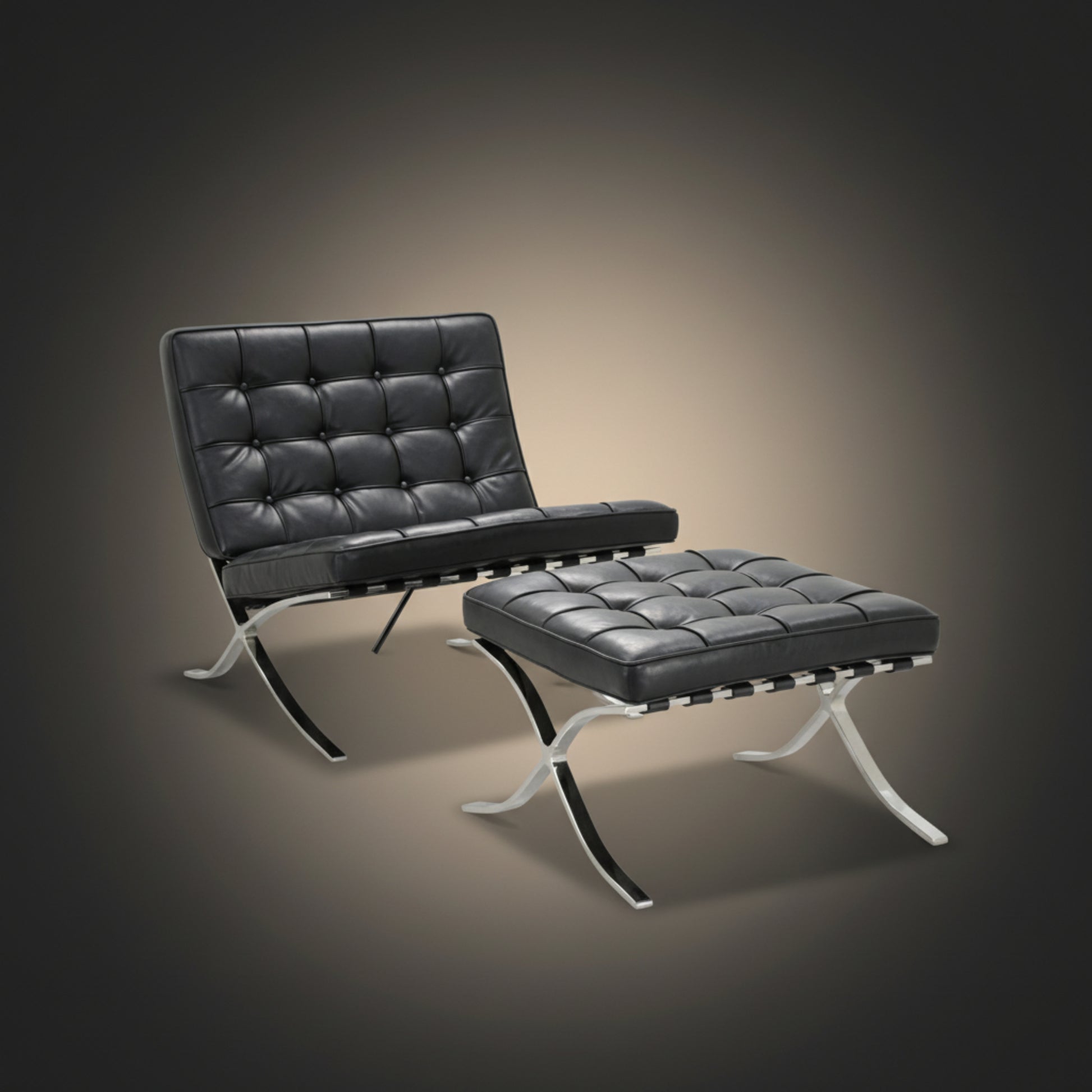 Mies Barcelona Pavilion Chair with Footrest | Black - Aura Furnitures