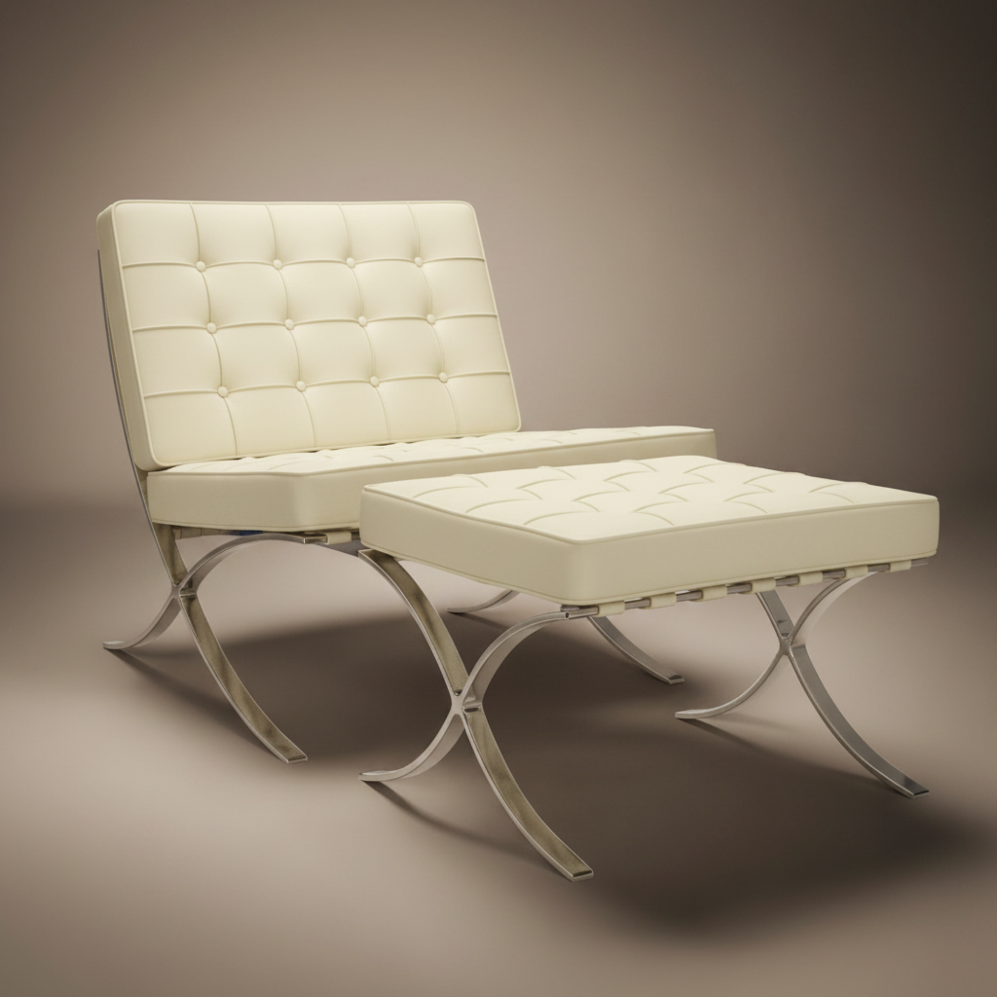 Mies Barcelona Pavilion Chair with Footrest, Cream - Aura Furnitures