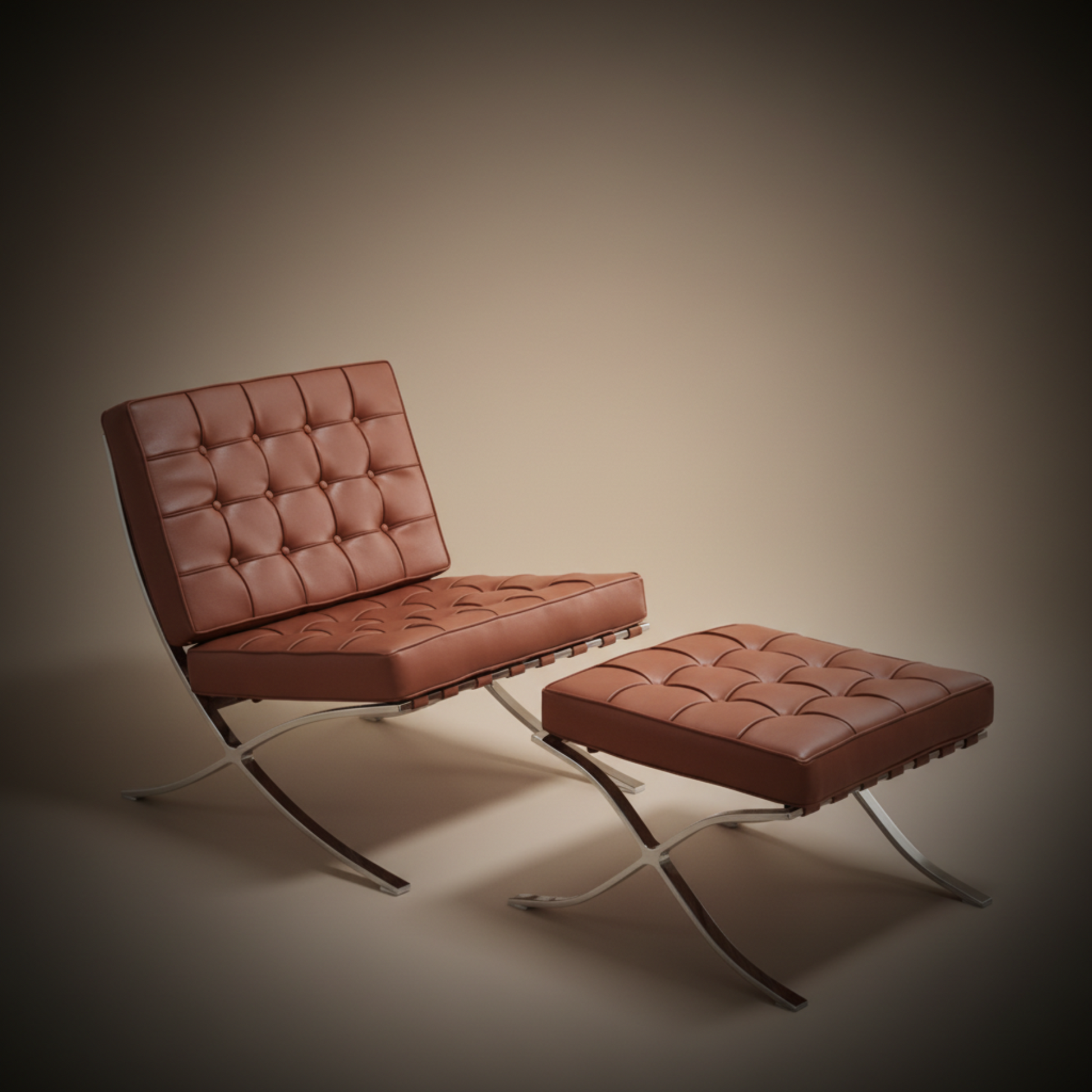 Mies Barcelona Pavilion Chair with Footrest, Tan Brown - Aura Furnitures