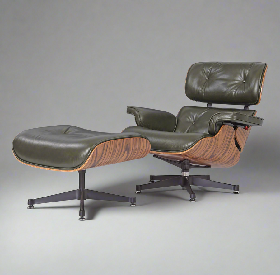 Eames Inspired Deluxe Lounge Chair & Ottoman in Olive Green Waxed Leather & Rose Wood