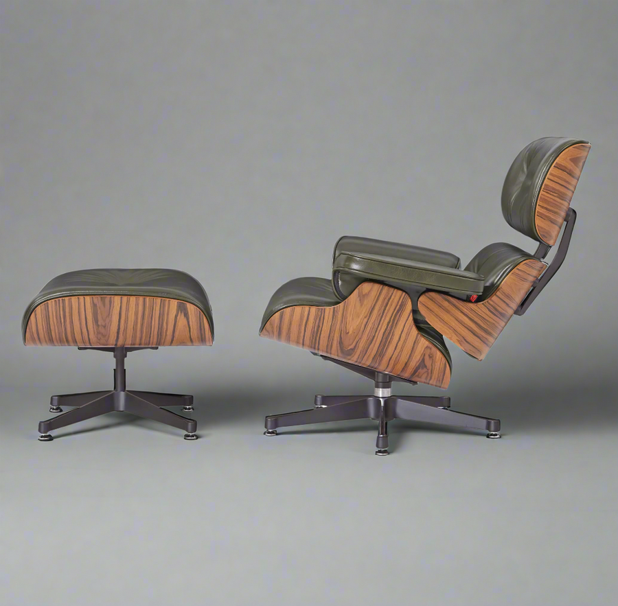 Eames Inspired Deluxe Lounge Chair & Ottoman in Olive Green Waxed Leather & Rose Wood