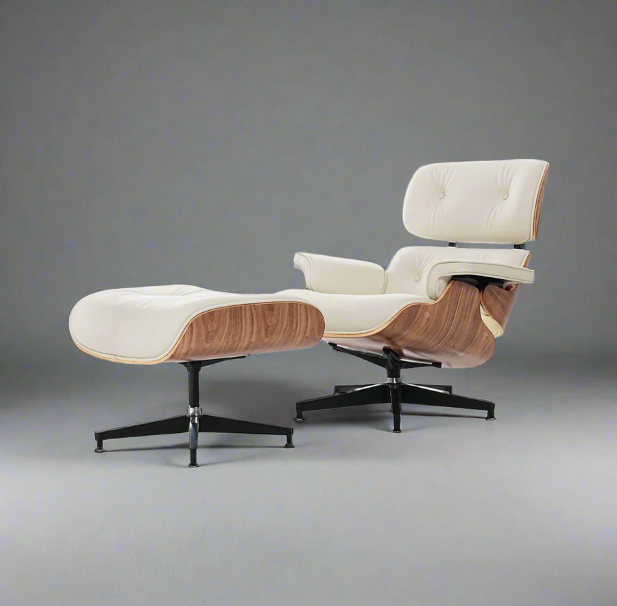Charles Eames Inspired Iconic Style Lounge Chair & Ottoman - Walnut Wood & Ivory White