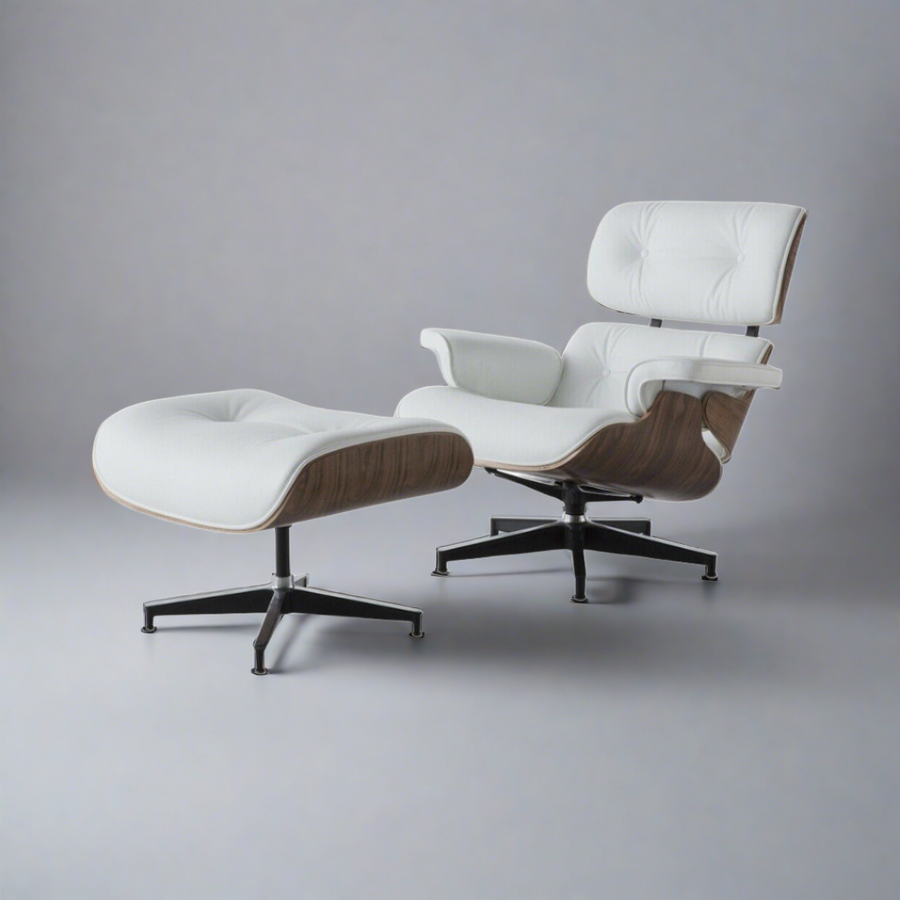 Eames Inspired Mid-Century Lounge Chair & Ottoman - Walnut Wood & White